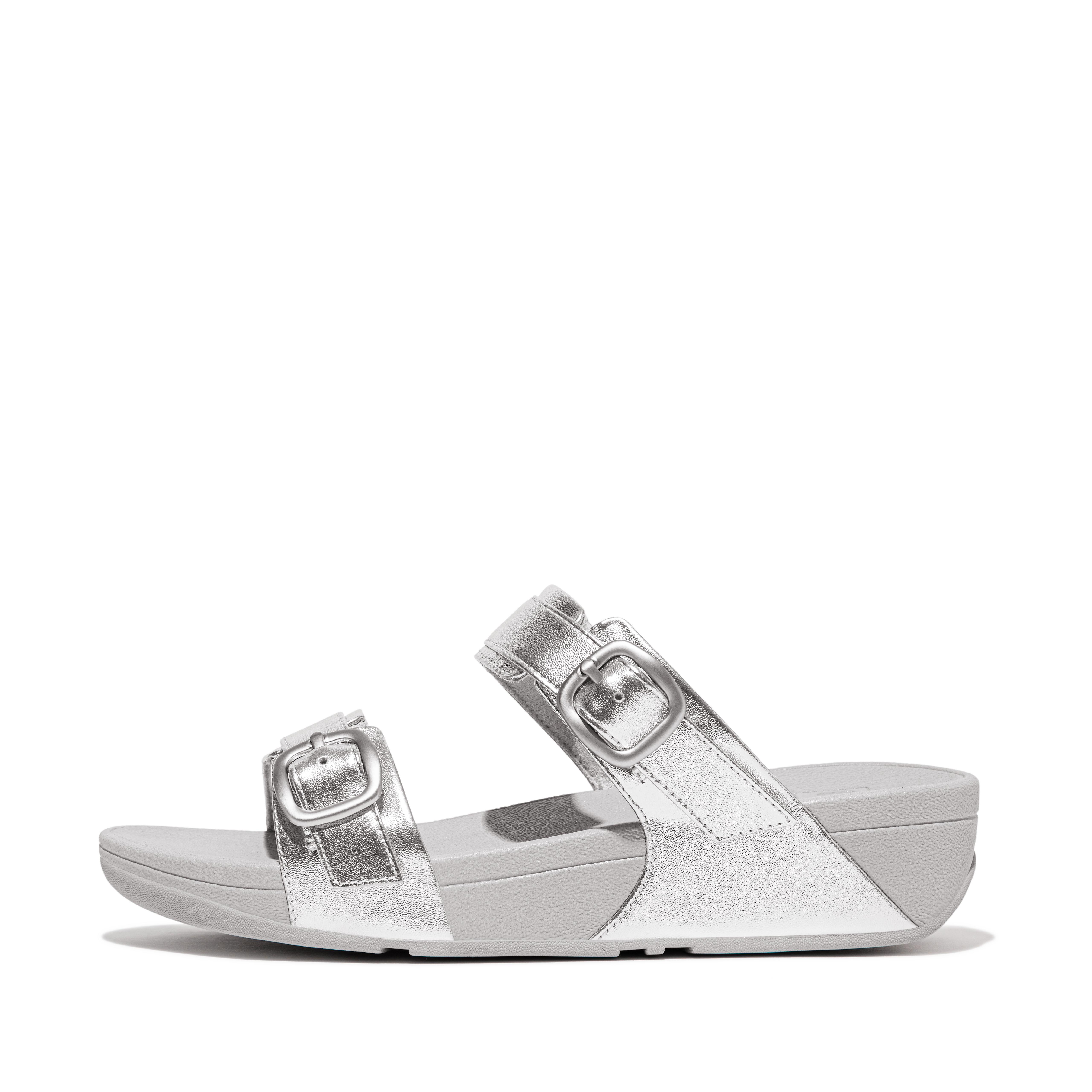 FitFlop LULU Adjustable Metallic-Leather Slides - Silver