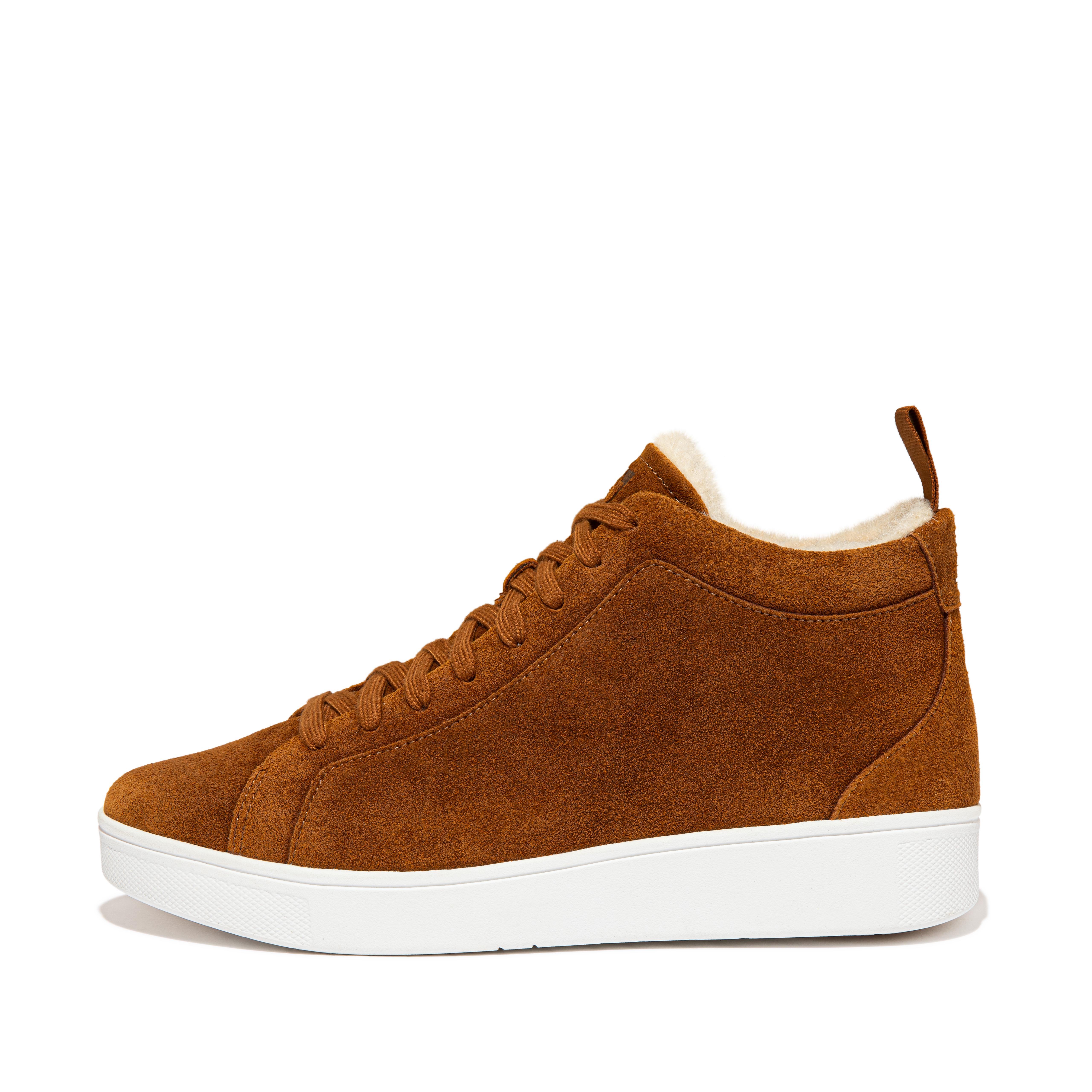 FitFlop RALLY Faux-Fur Lined Suede High-Top Sneakers - Light Tan