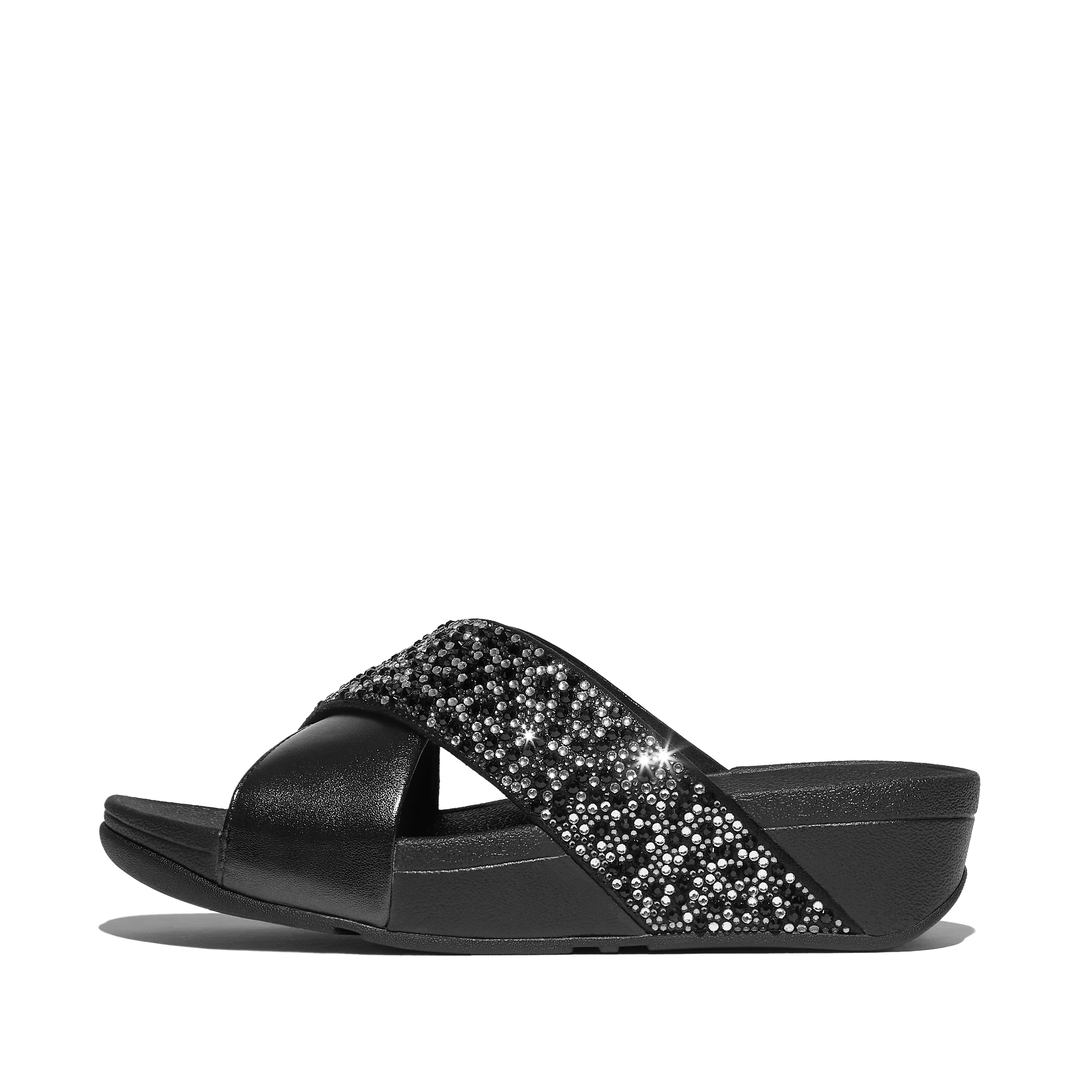 FitFlop LULU Crystal-Mix Metallic Cross Slides - All Black