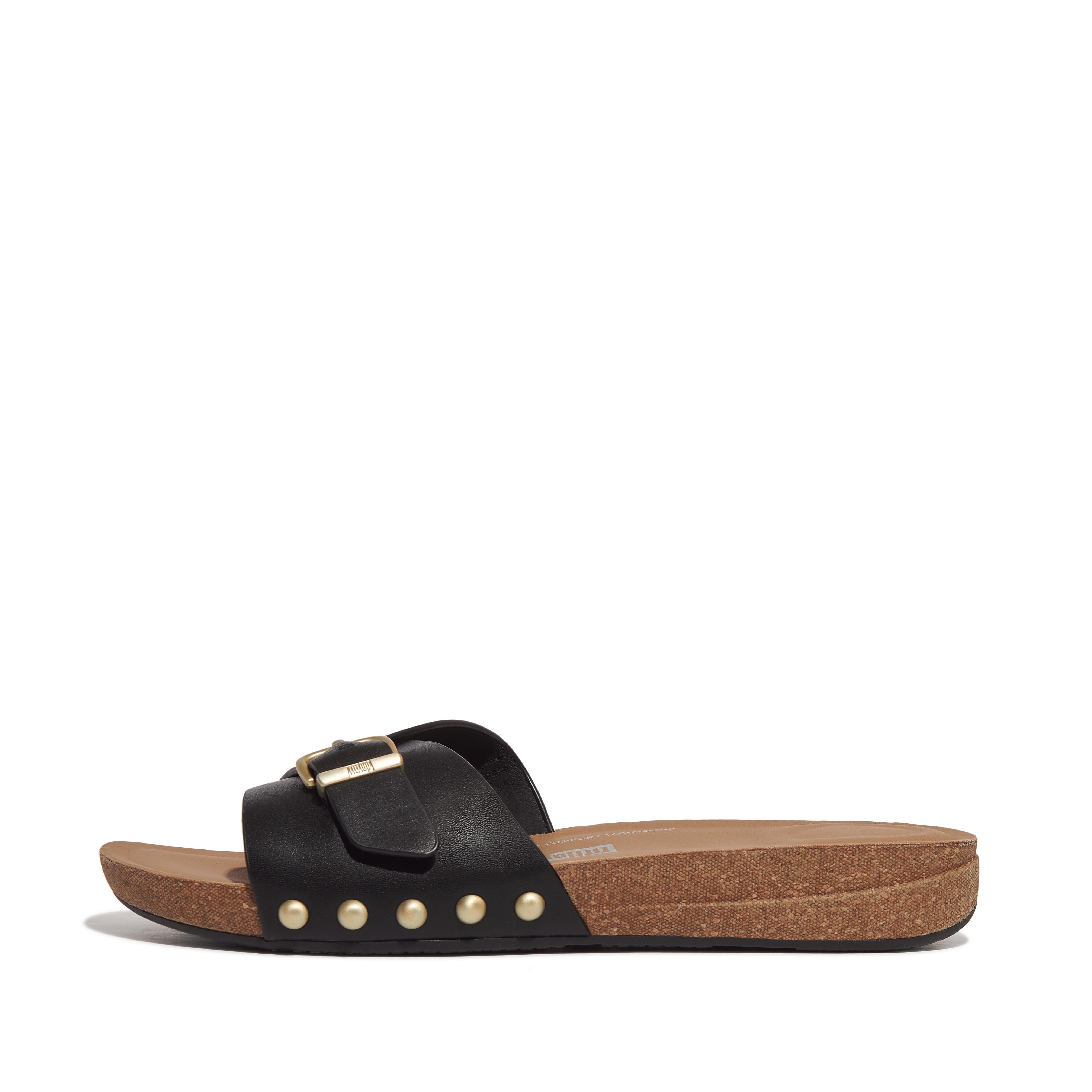 FitFlop IQUSHION Adjustable Buckle Leather Sliders - Black