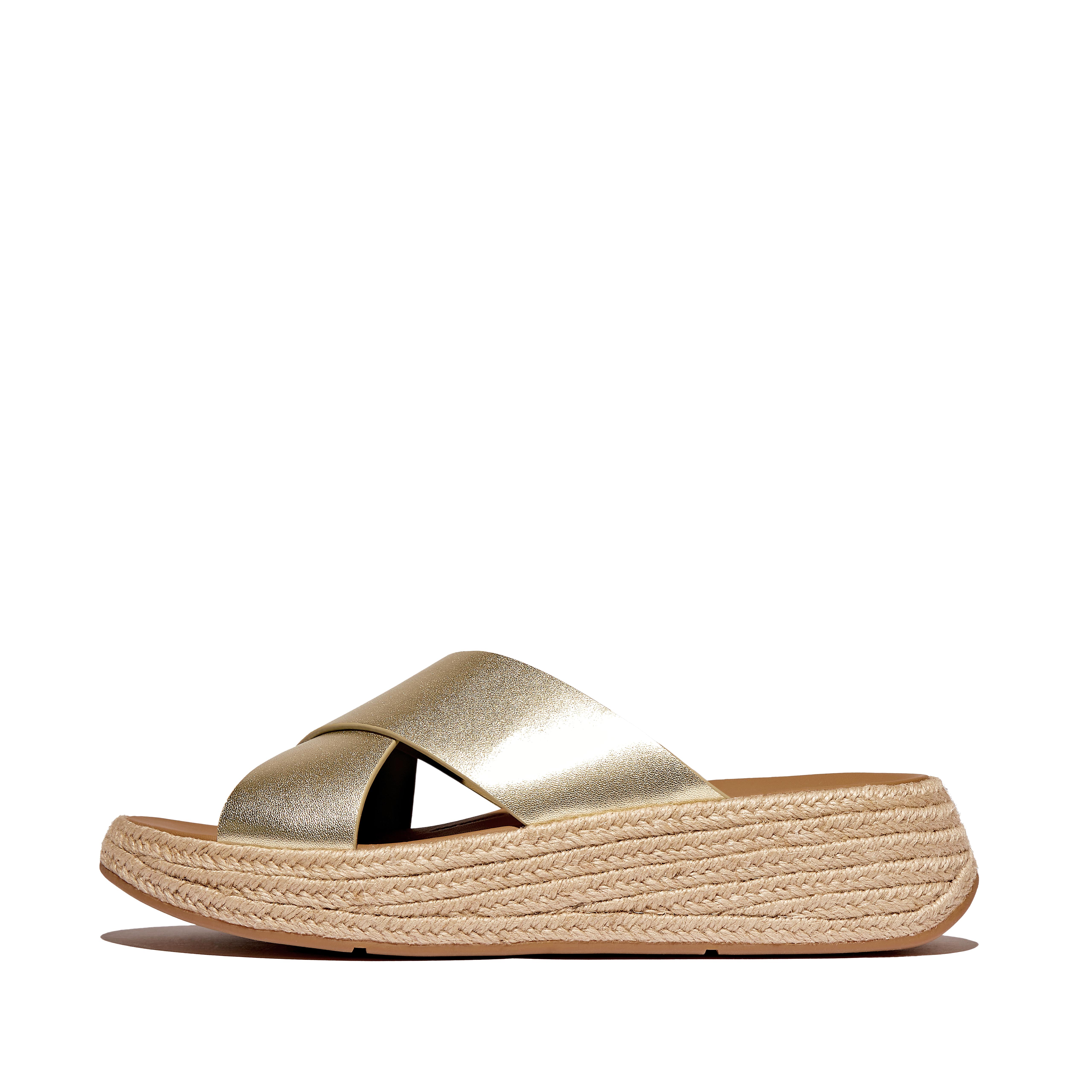 FitFlop F-MODE Espadrille Metallic-Leather Flatform Cross Slides - Platino
