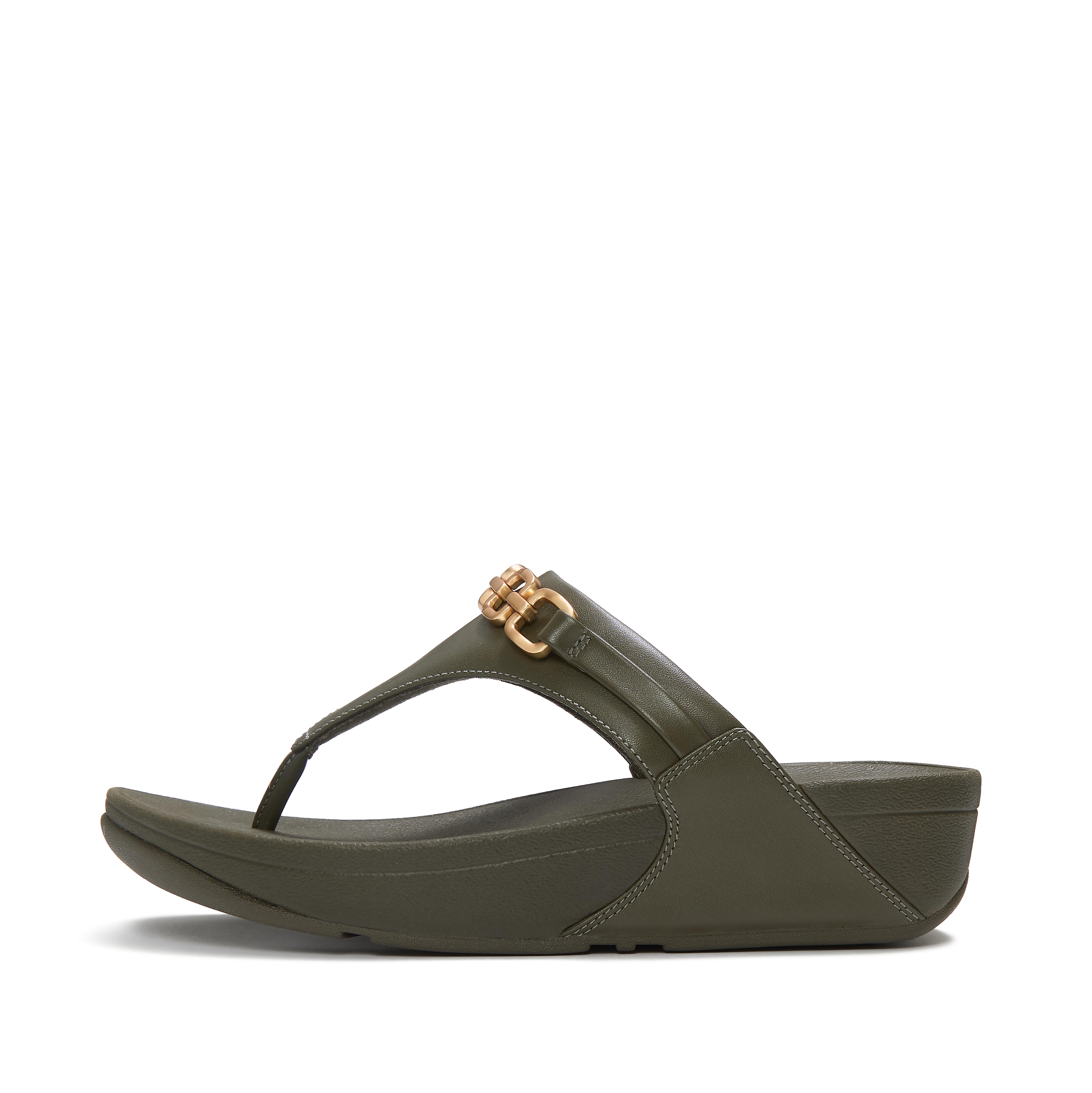FitFlop LULU Leather Toe-Post Sandals - Deep Olive