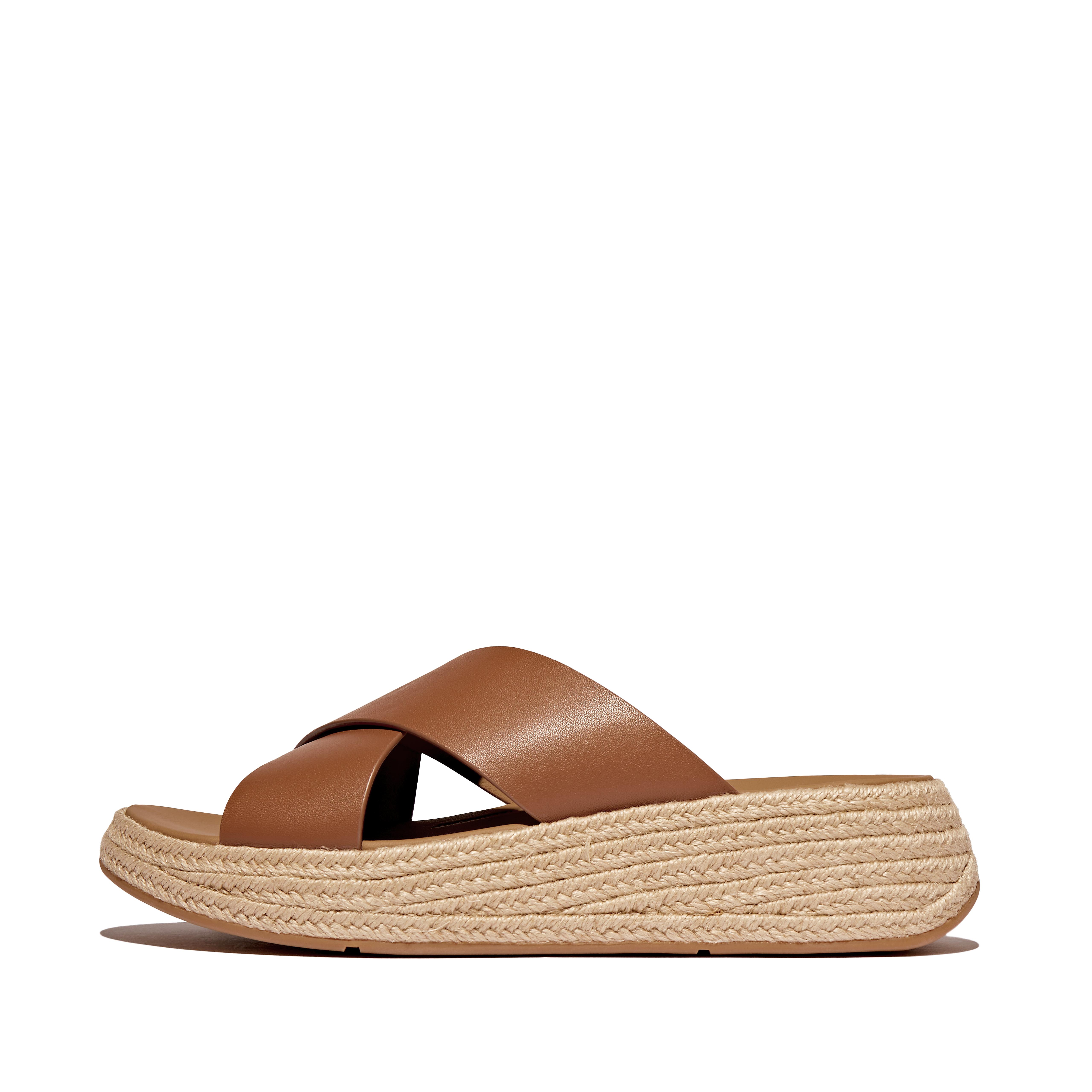 FitFlop F-MODE Espadrille Leather Flatform Cross Slides - Deep tan