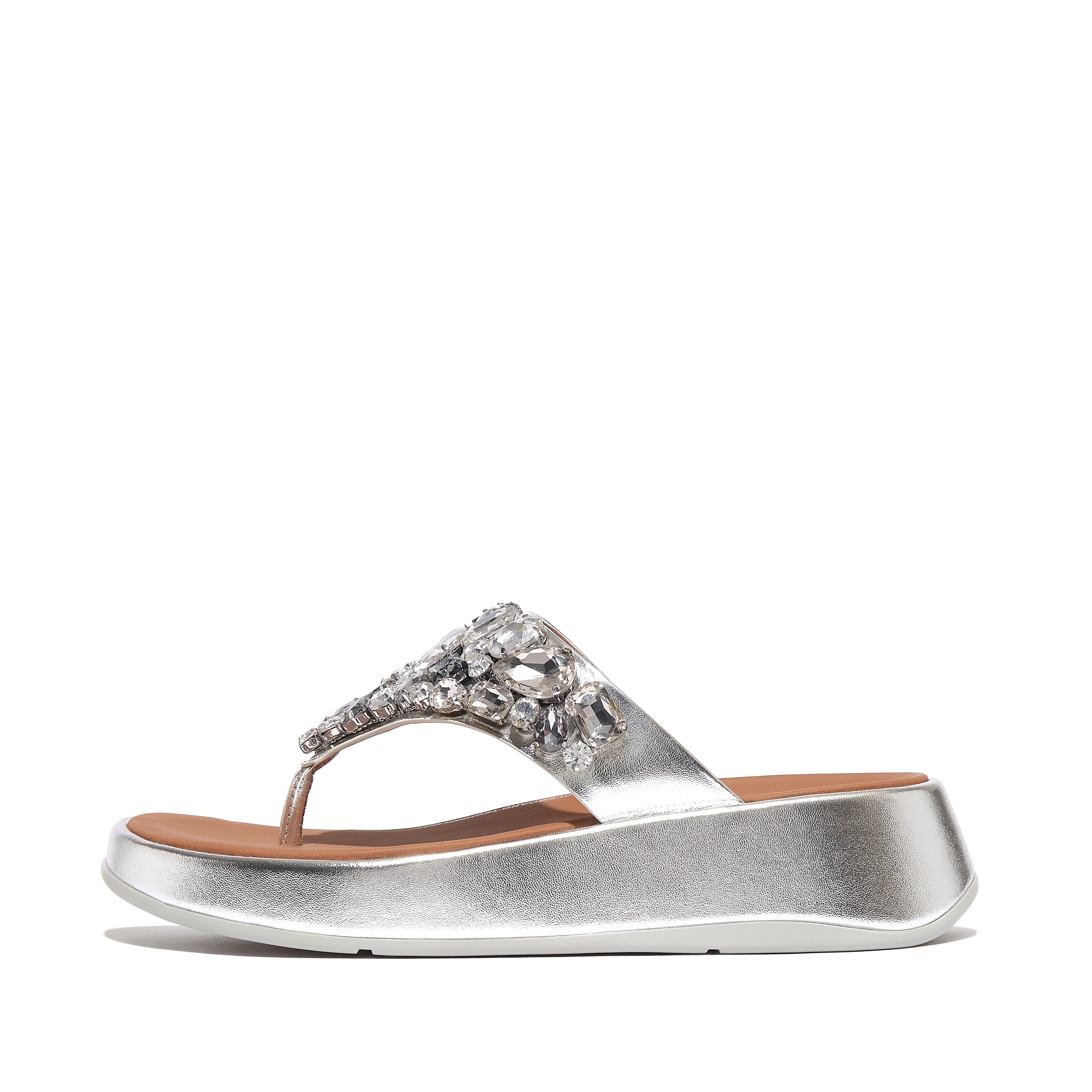 FitFlop F-MODE Jewel-Deluxe Metallic-Leather Flatform Toe-Post Sandals - Silver