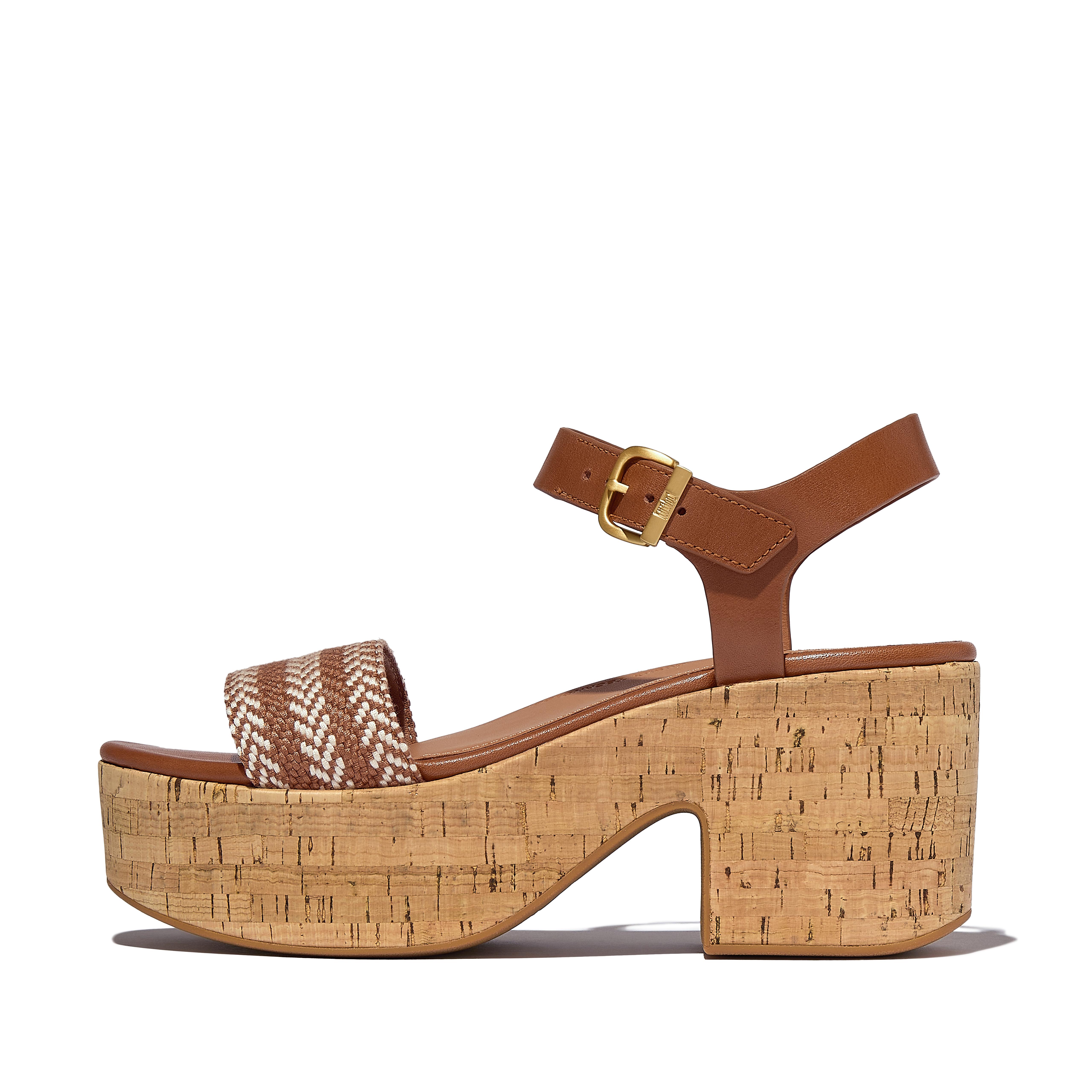 FitFlop PLATFFORMS V-Weave/Cork Heeled Ankle-Strap Sandals - Deep tan