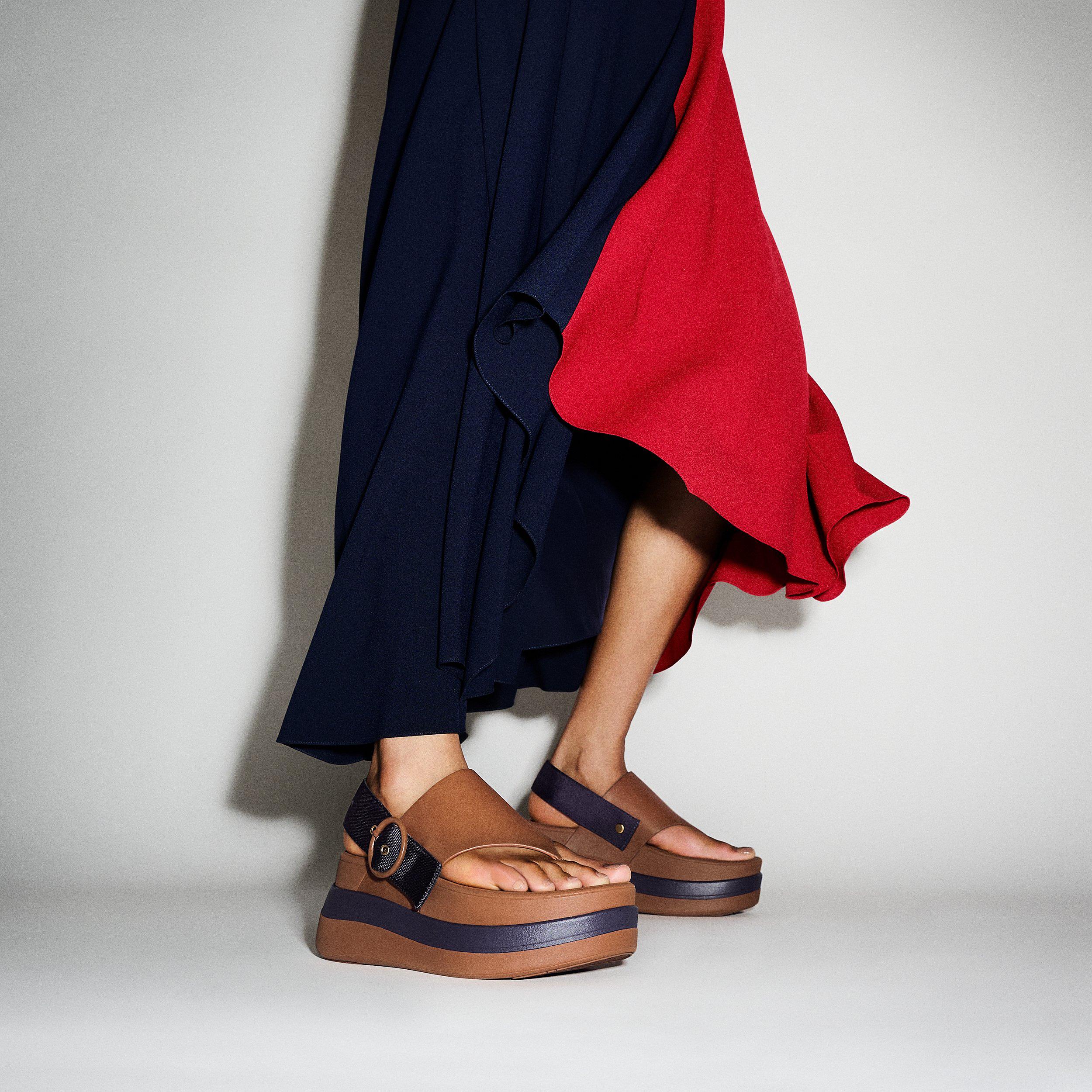 FitFlop F-MODE STACK X ROKSANDA Leather/Webbing Back-Strap Toe-Post Sandals - Tan - Ink