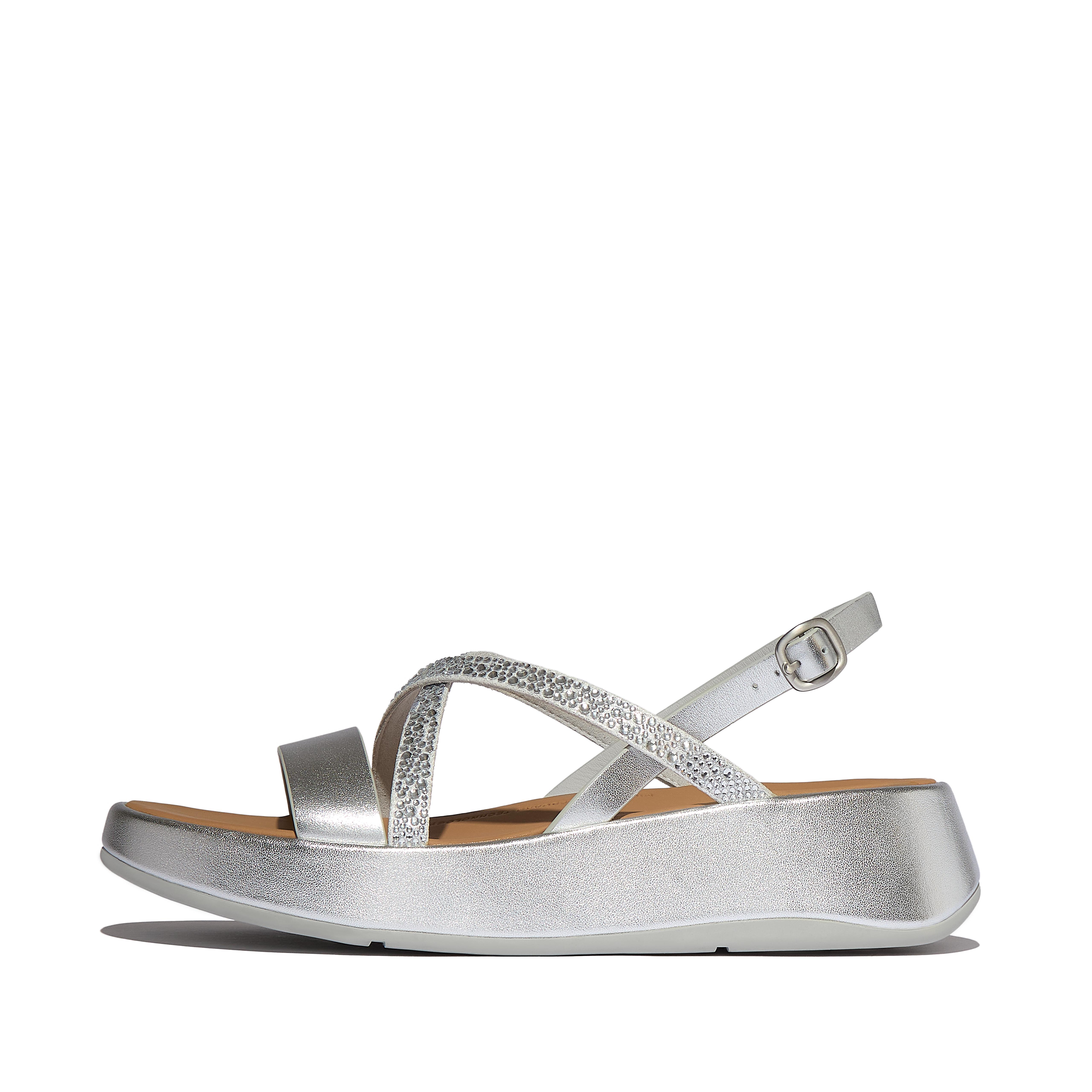 FitFlop F-MODE Crystal-Mix Flatform Strappy Back-Strap Sandals - Silver