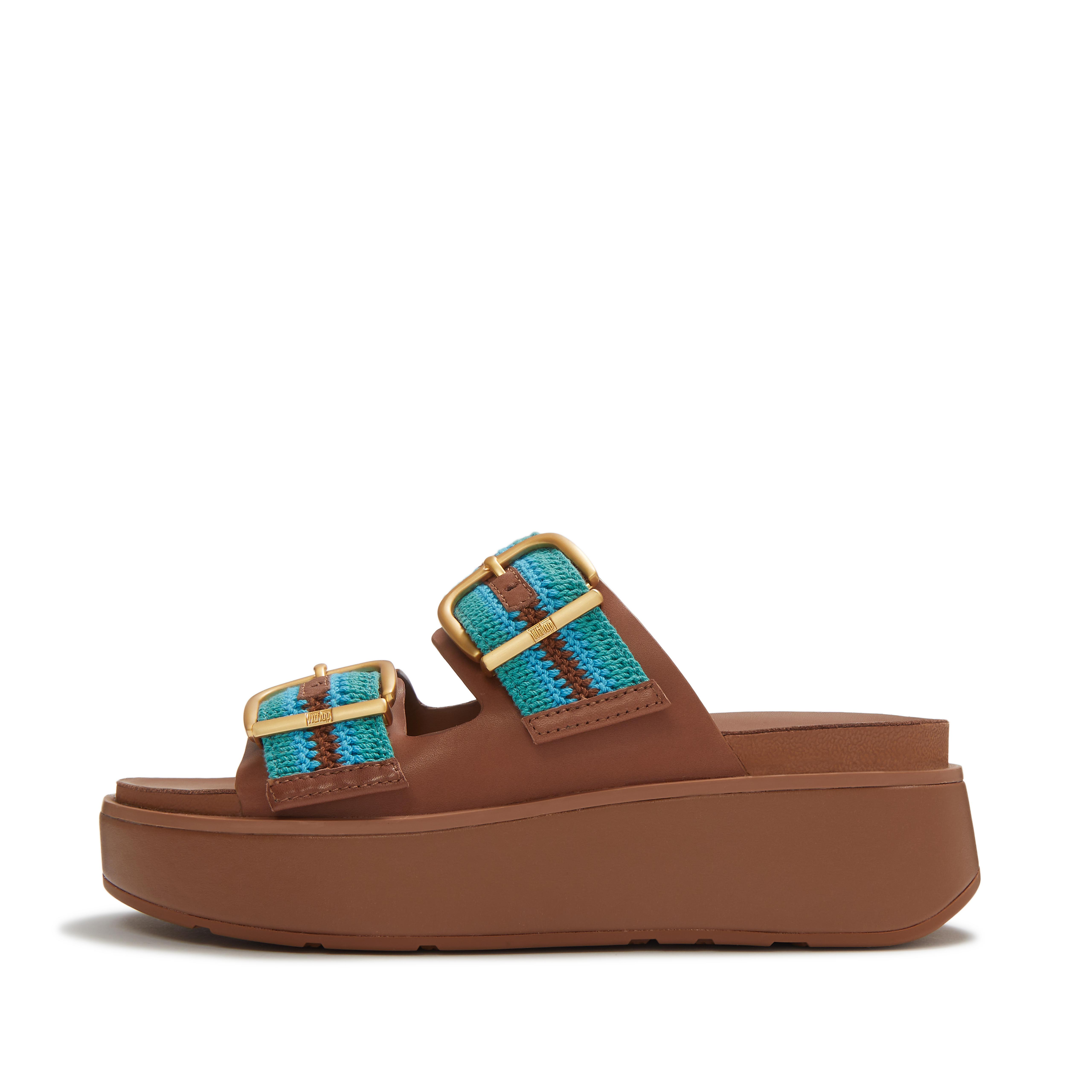 FitFlop GEN-FF Max Buckle Stripe-Webbing Two-Bar Slides - Teal/Tan