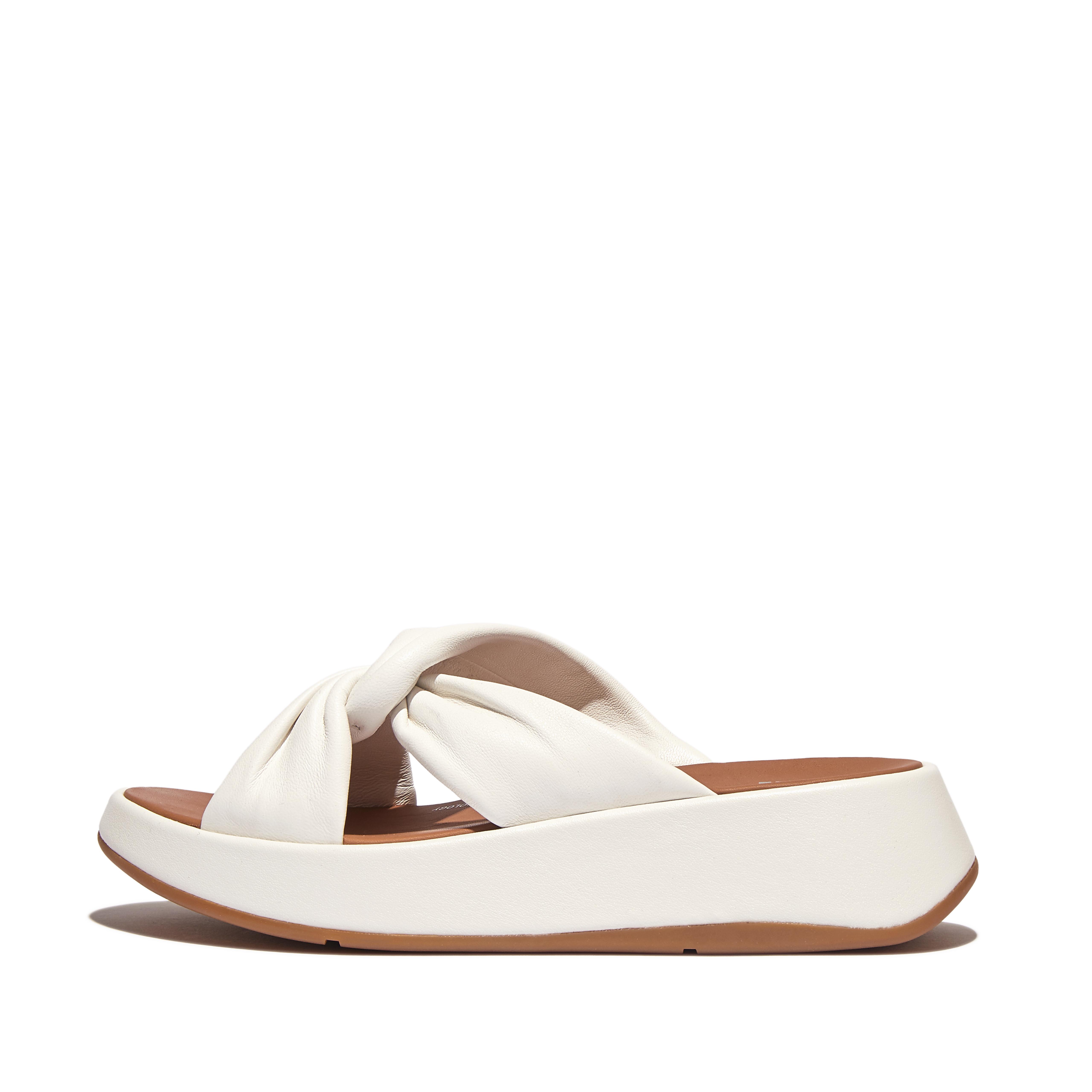 FitFlop F-MODE Leather-Twist Flatform Slides - Urban White