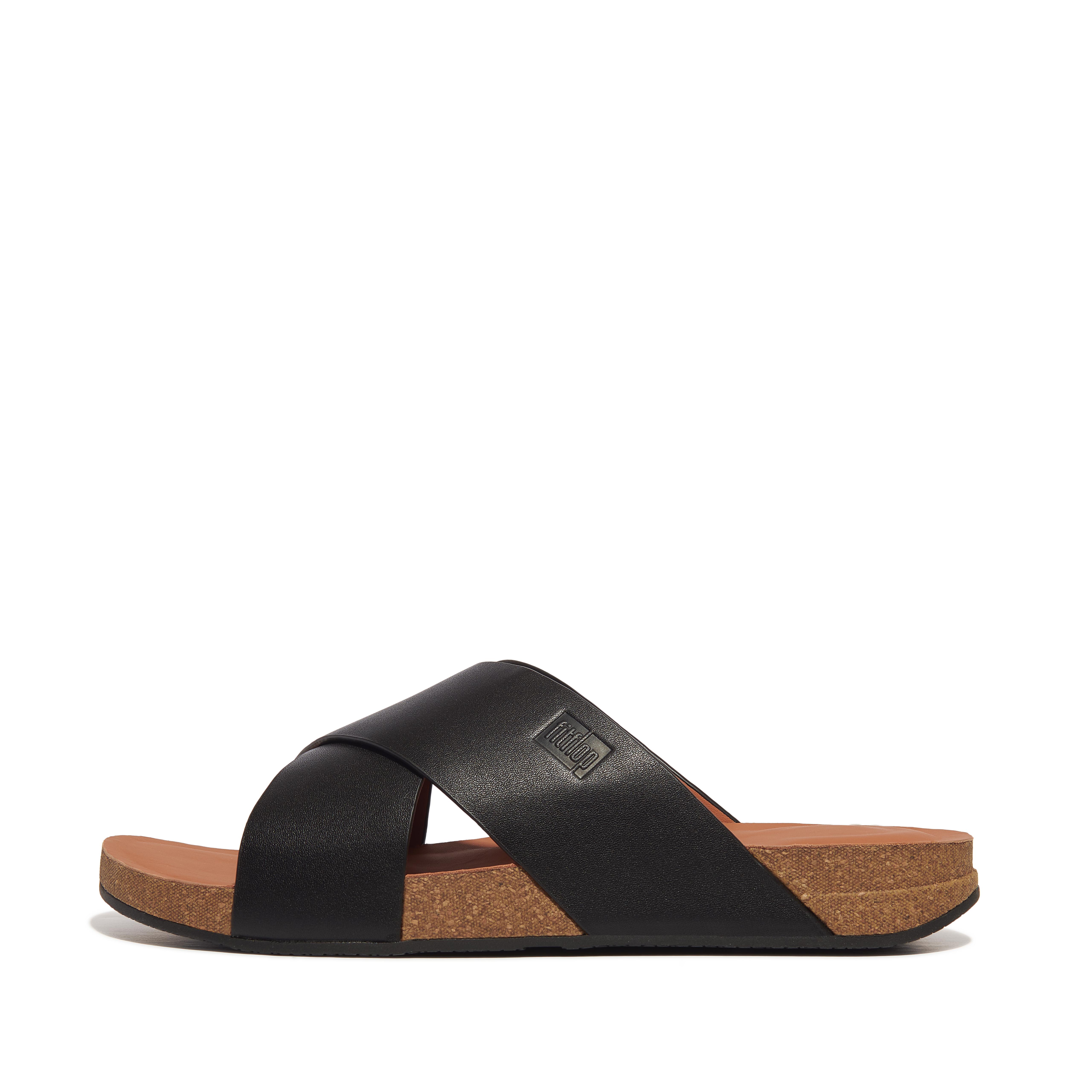 FitFlop IQUSHION Mens Leather Cross Slides - Black