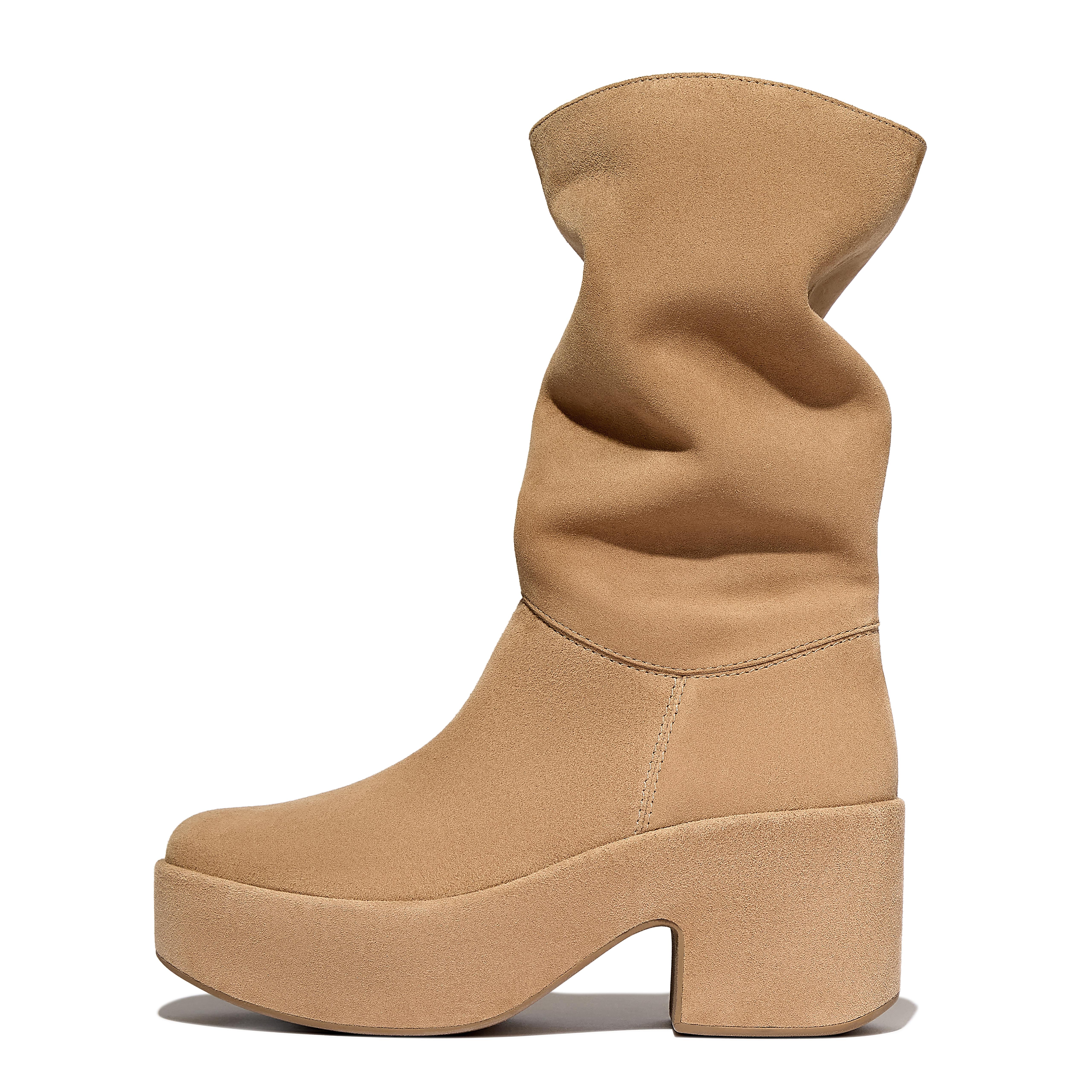 FitFlop PLATFFORMS Slouch Suede Heeled Short Boots - Desert Tan