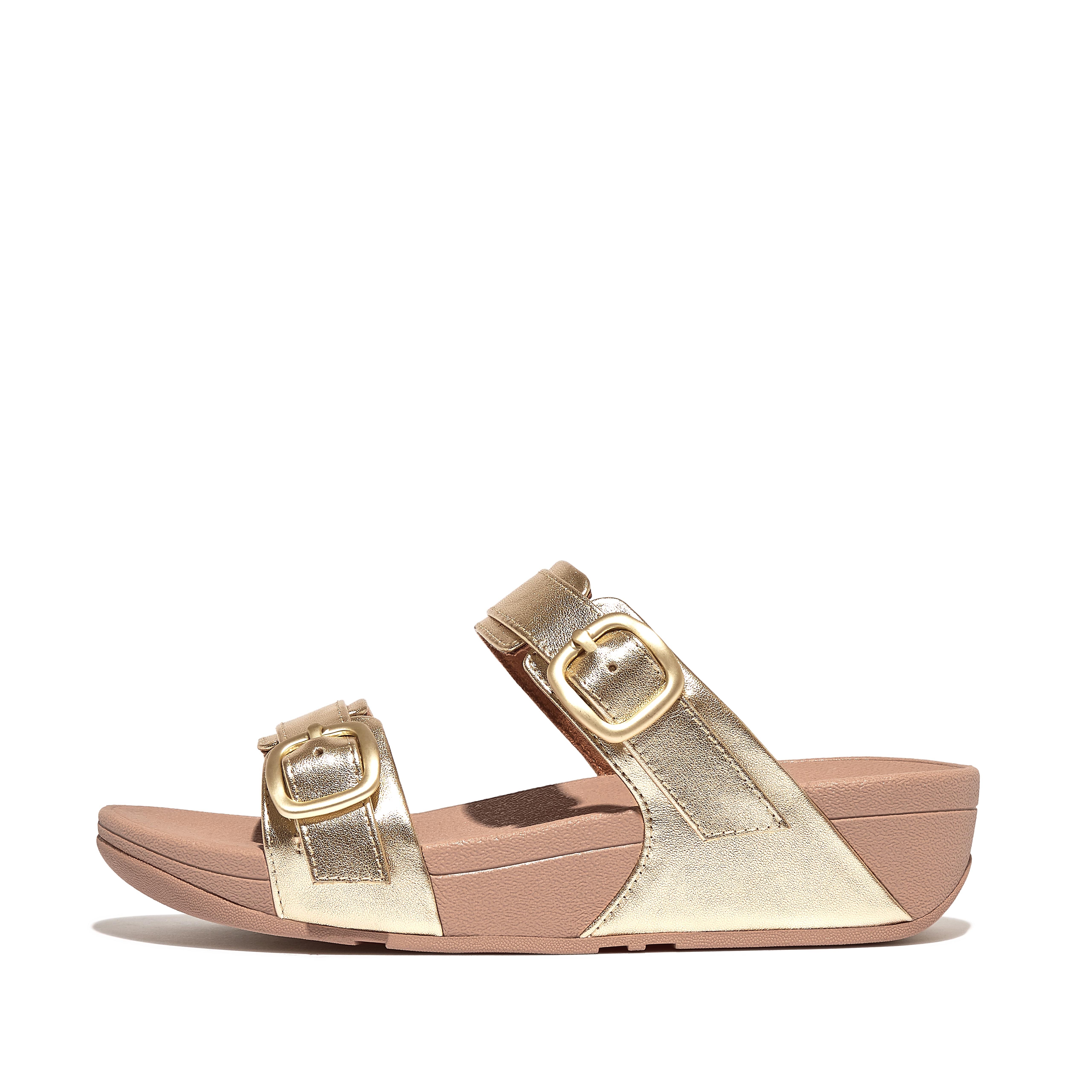 FitFlop LULU Adjustable-Buckle Metallic-Leather Slides - Platino