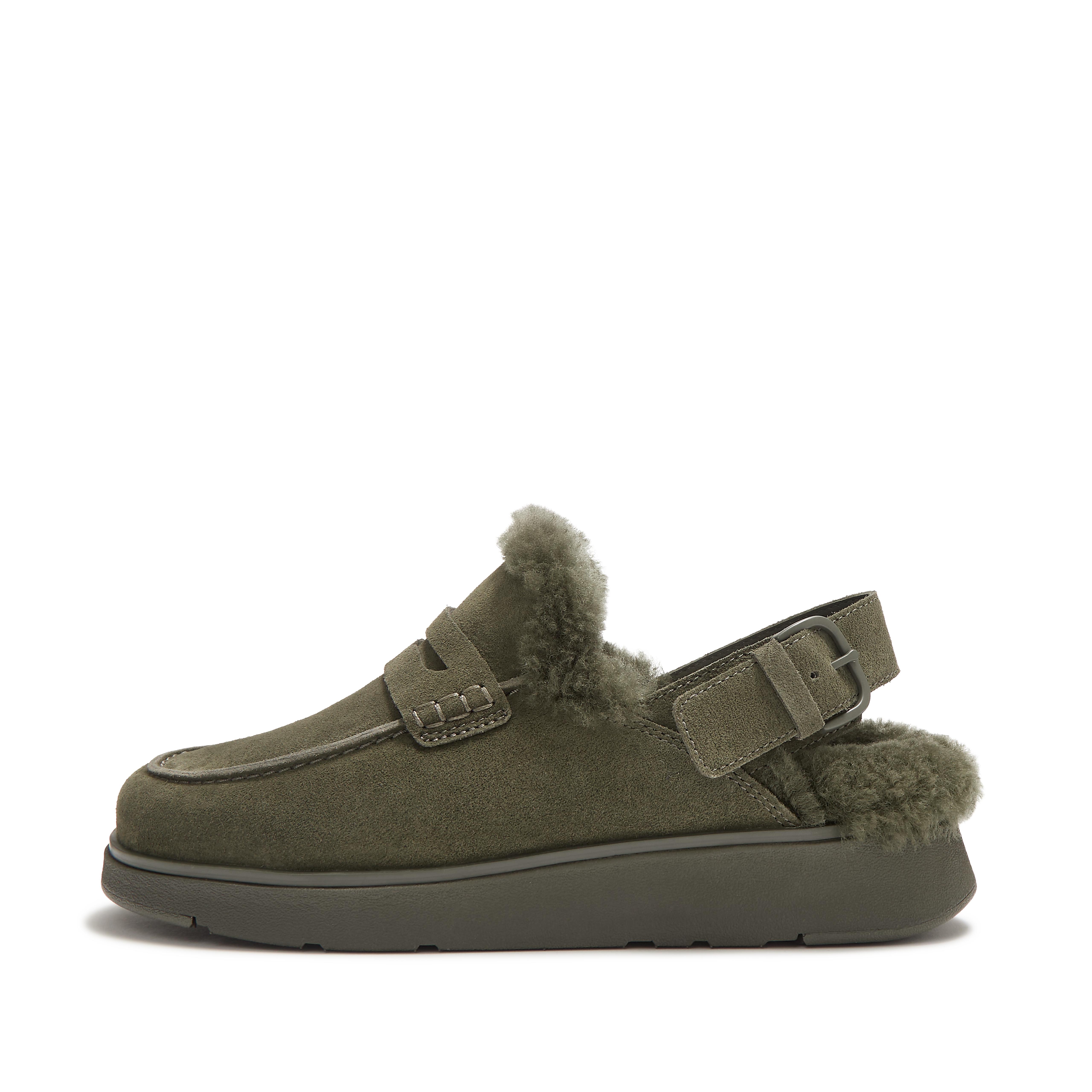 FitFlop GEN-FF Shearling Back-Strap Mules - Deep Olive