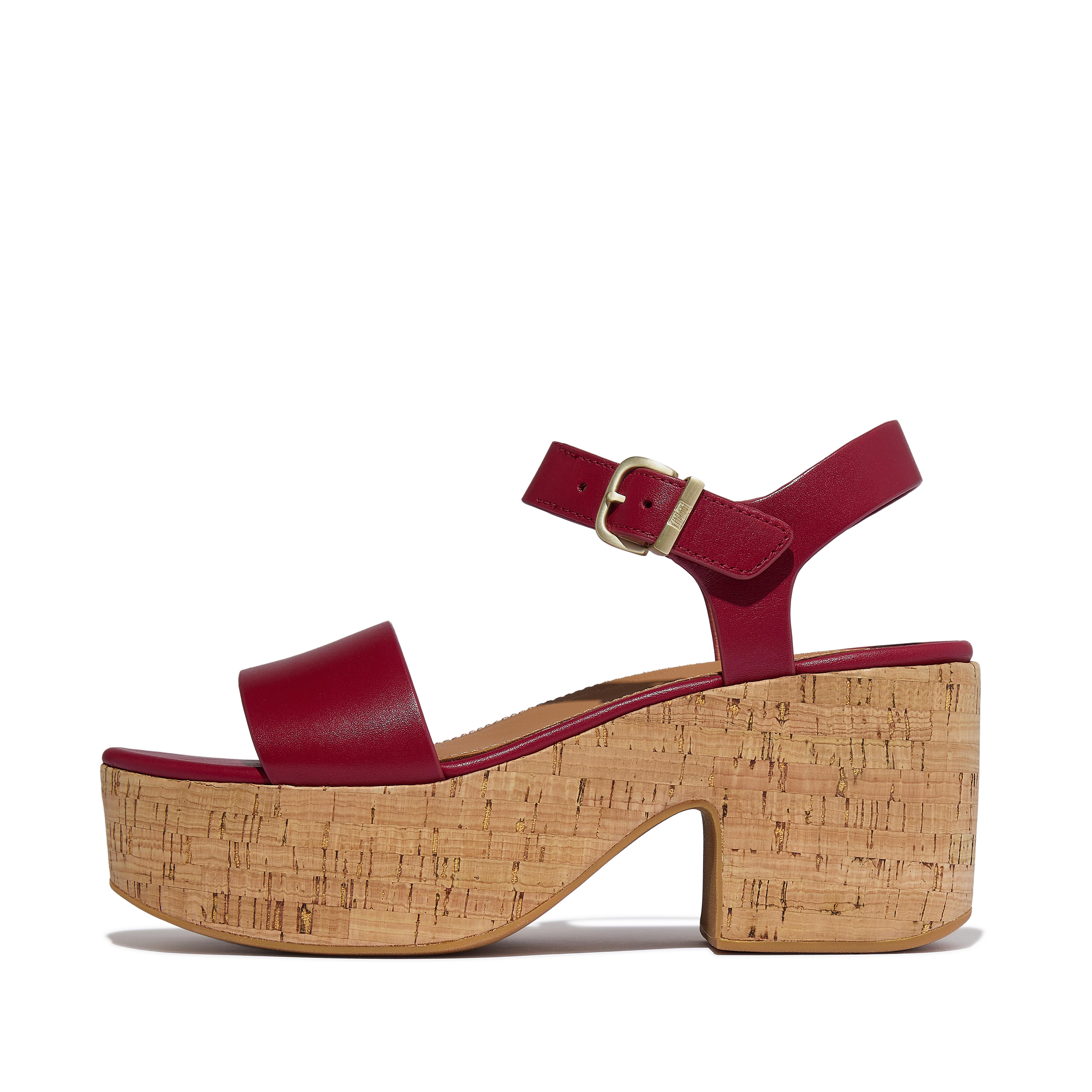 FitFlop PLATFFORMS Leather/Cork Heeled Ankle-Strap Sandals - Berry