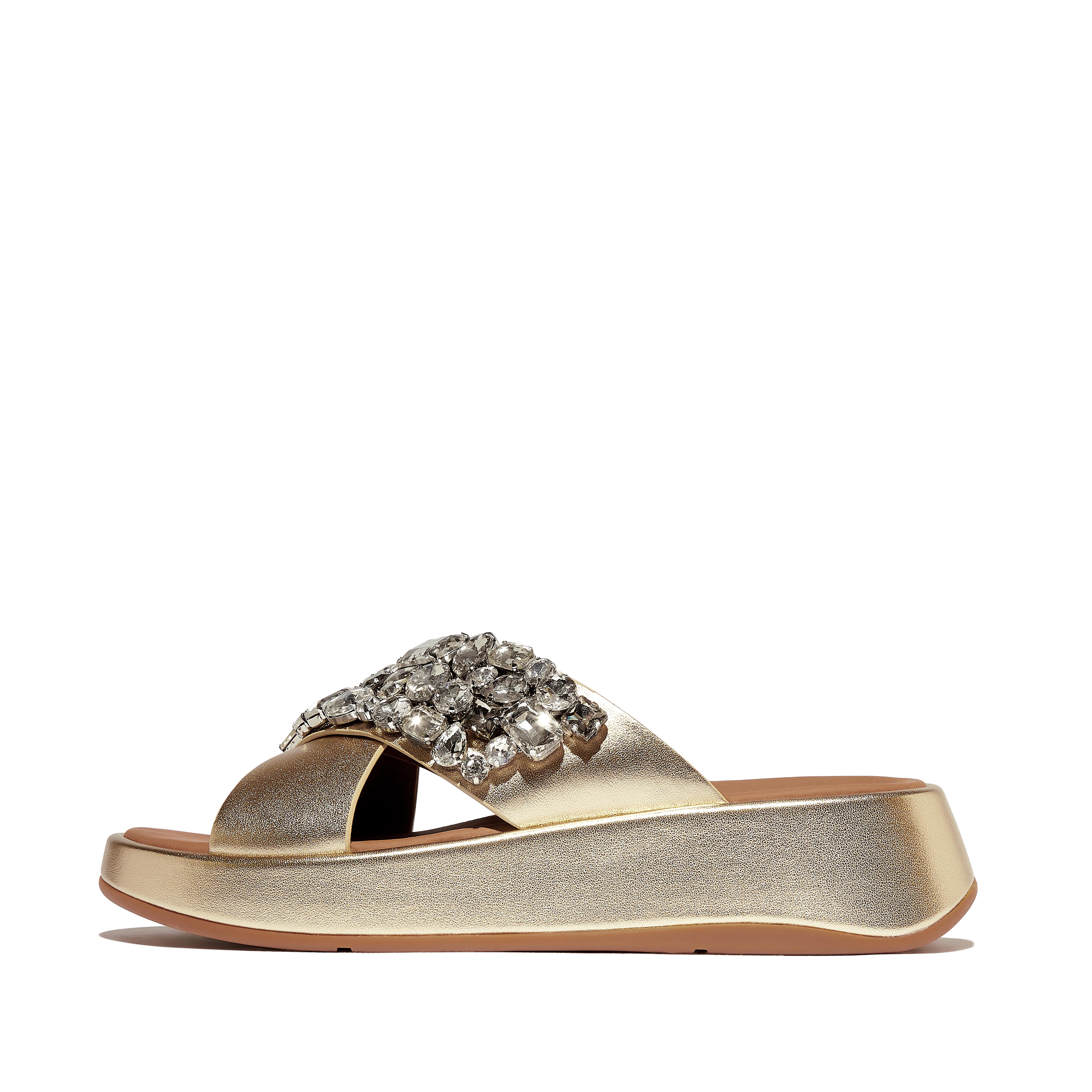 FitFlop F-MODE Jewel-Deluxe Metallic-Leather Flatform Cross Slides - Platino