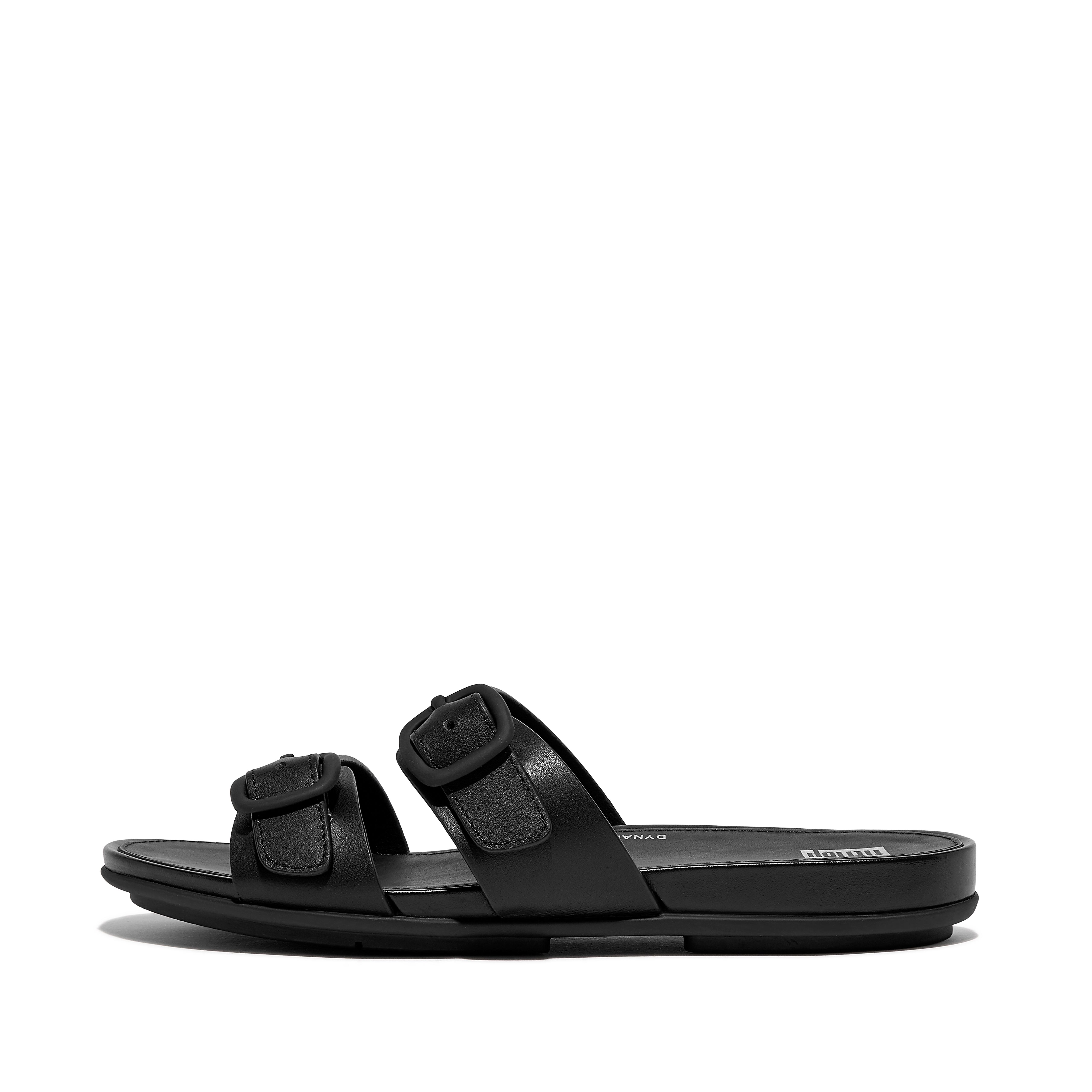 FitFlop GRACIE Buckle Two-Bar Leather Slides - All Black