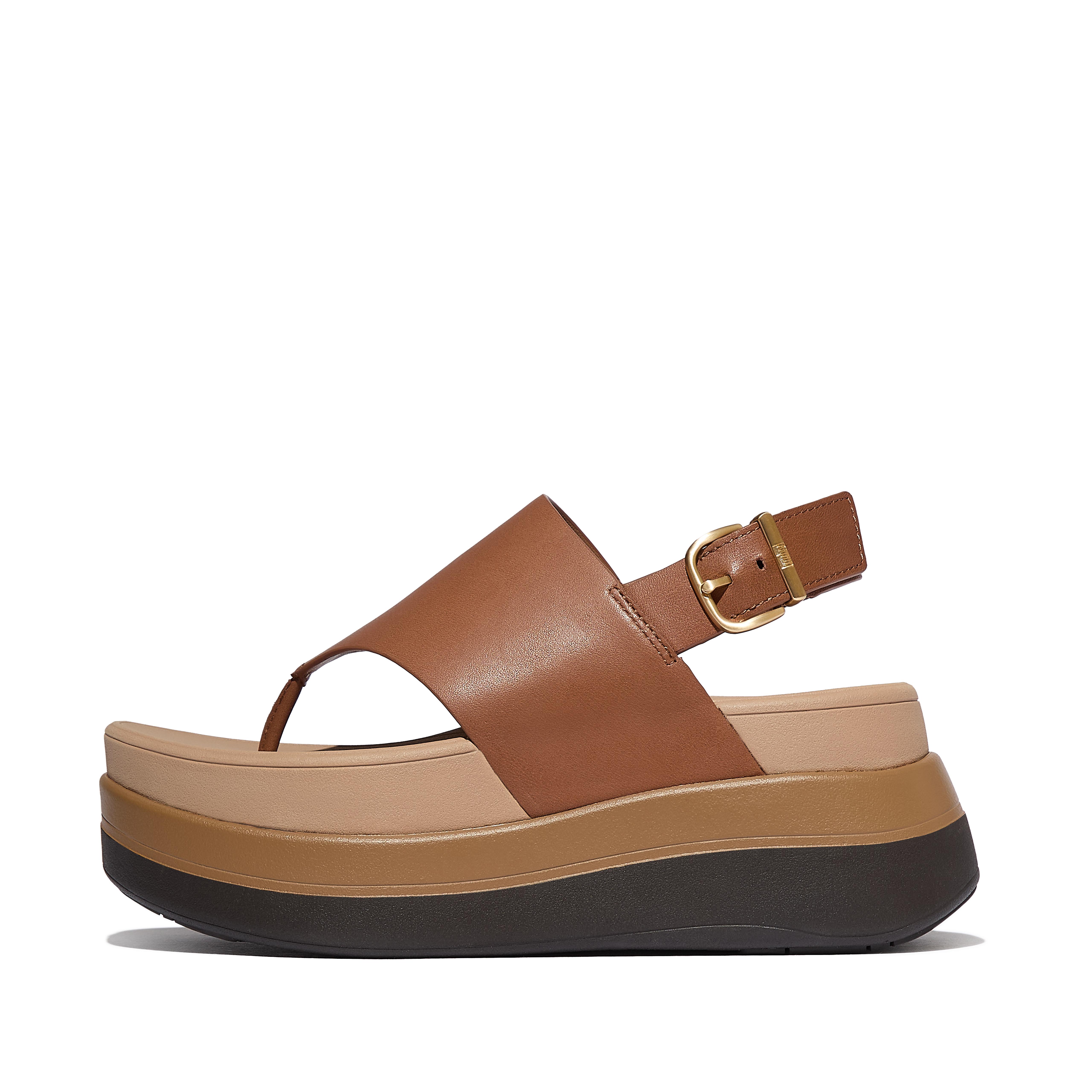 FitFlop F-MODE Stack Leather Back-Strap Toe-Post Sandals - Deep tan