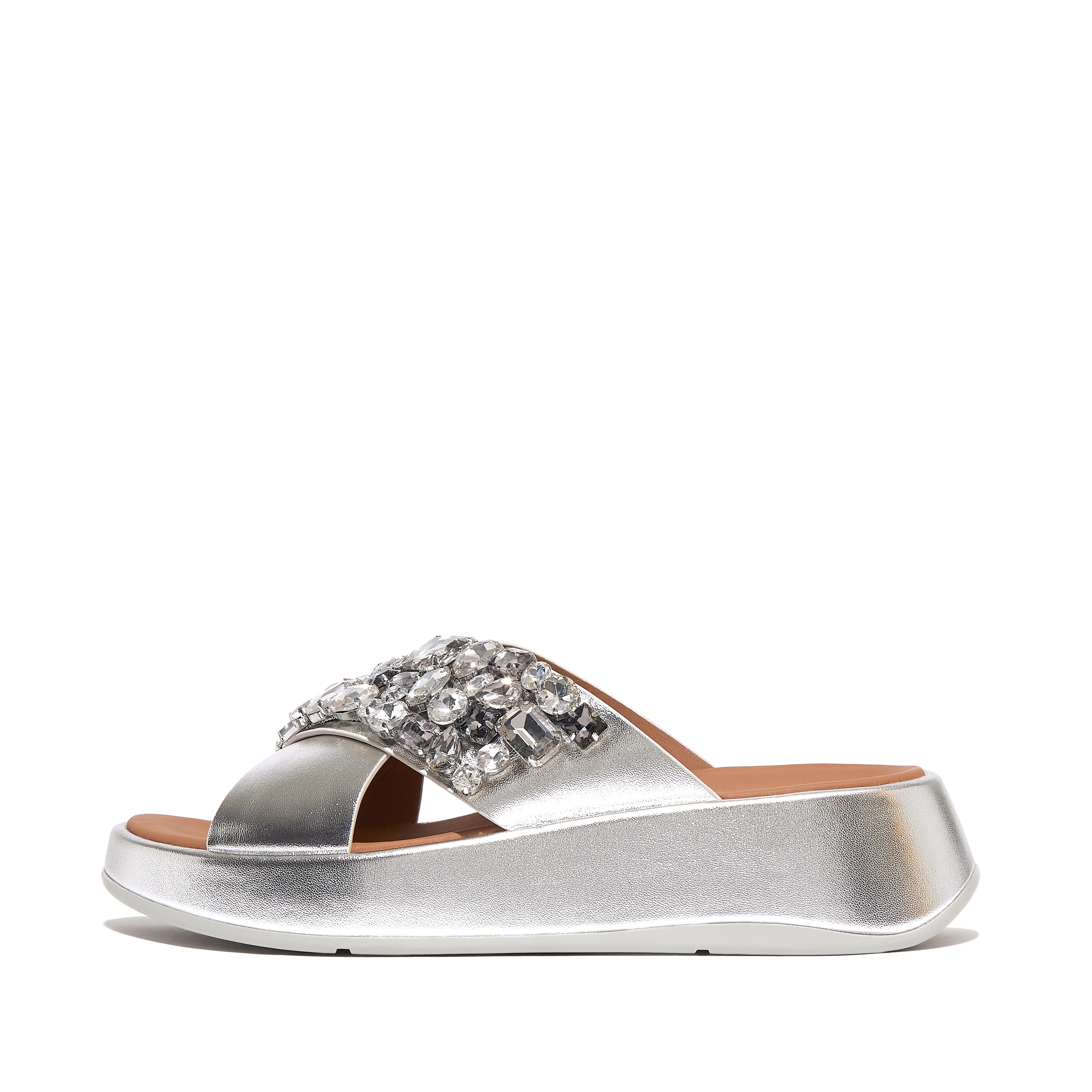 FitFlop F-MODE Jewel-Deluxe Metallic-Leather Flatform Cross Slides - Silver