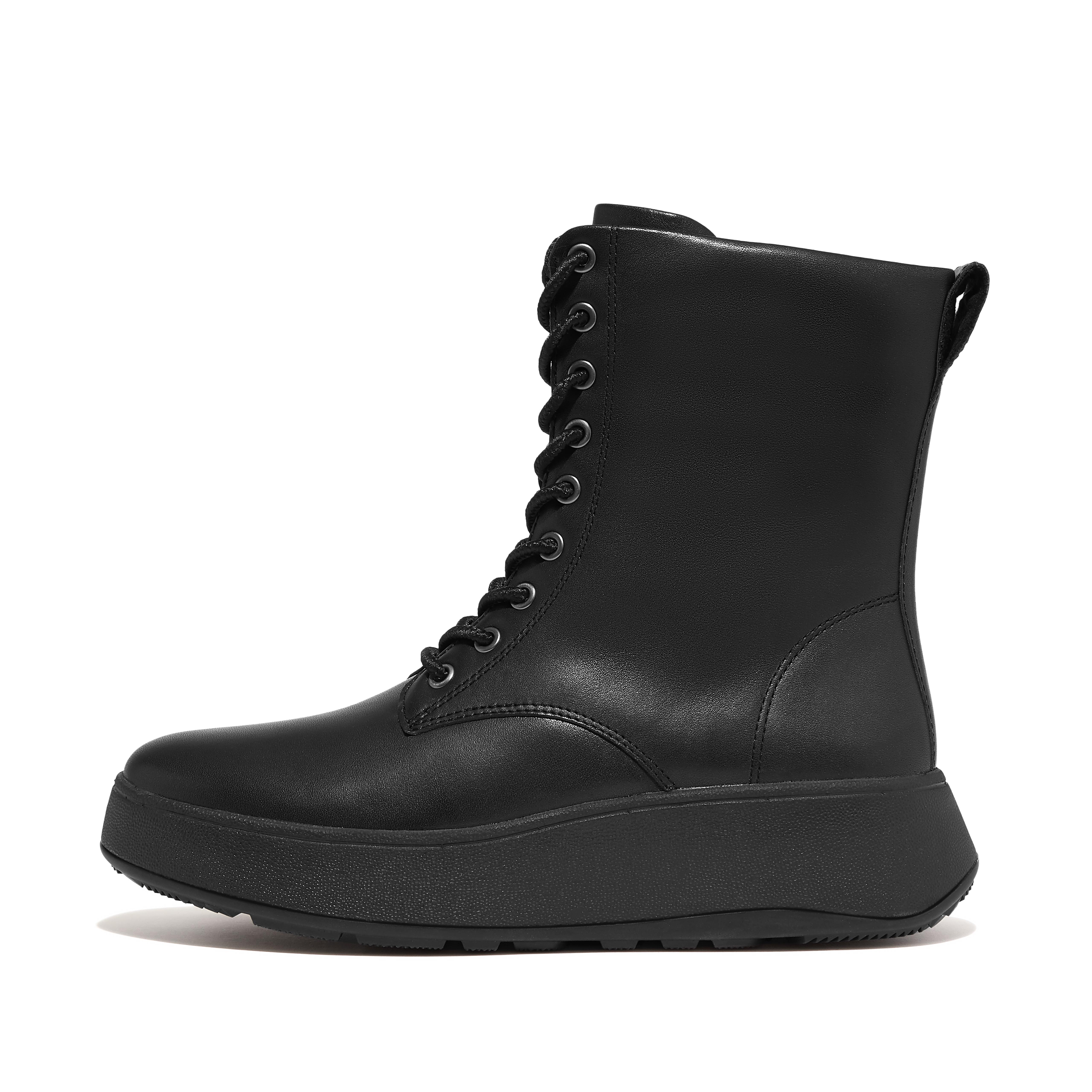 FitFlop F-MODE Leather Lace-Up Flatform Ankle Boots - All Black