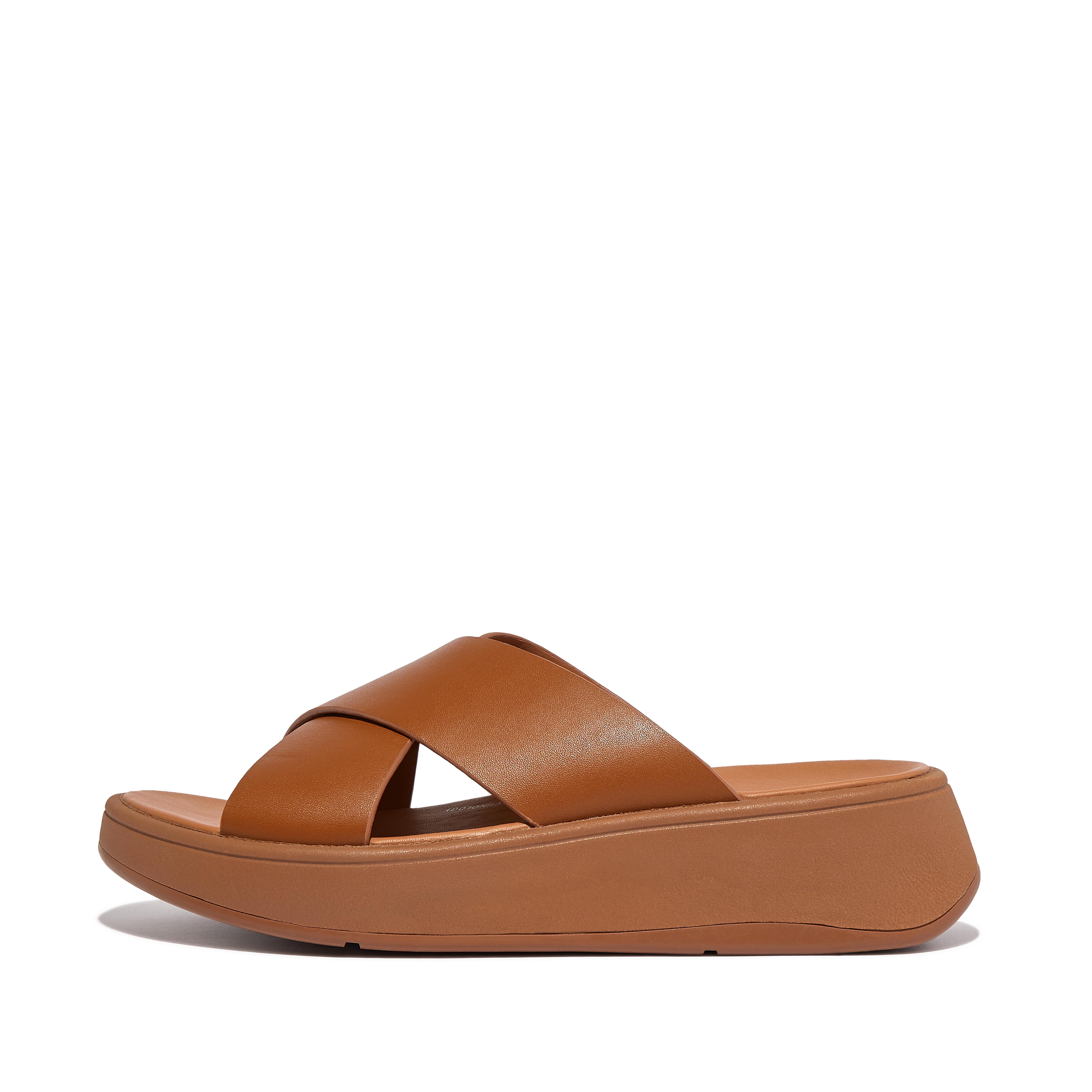 FitFlop F-MODE Leather Flatform Cross Slides - Light Tan