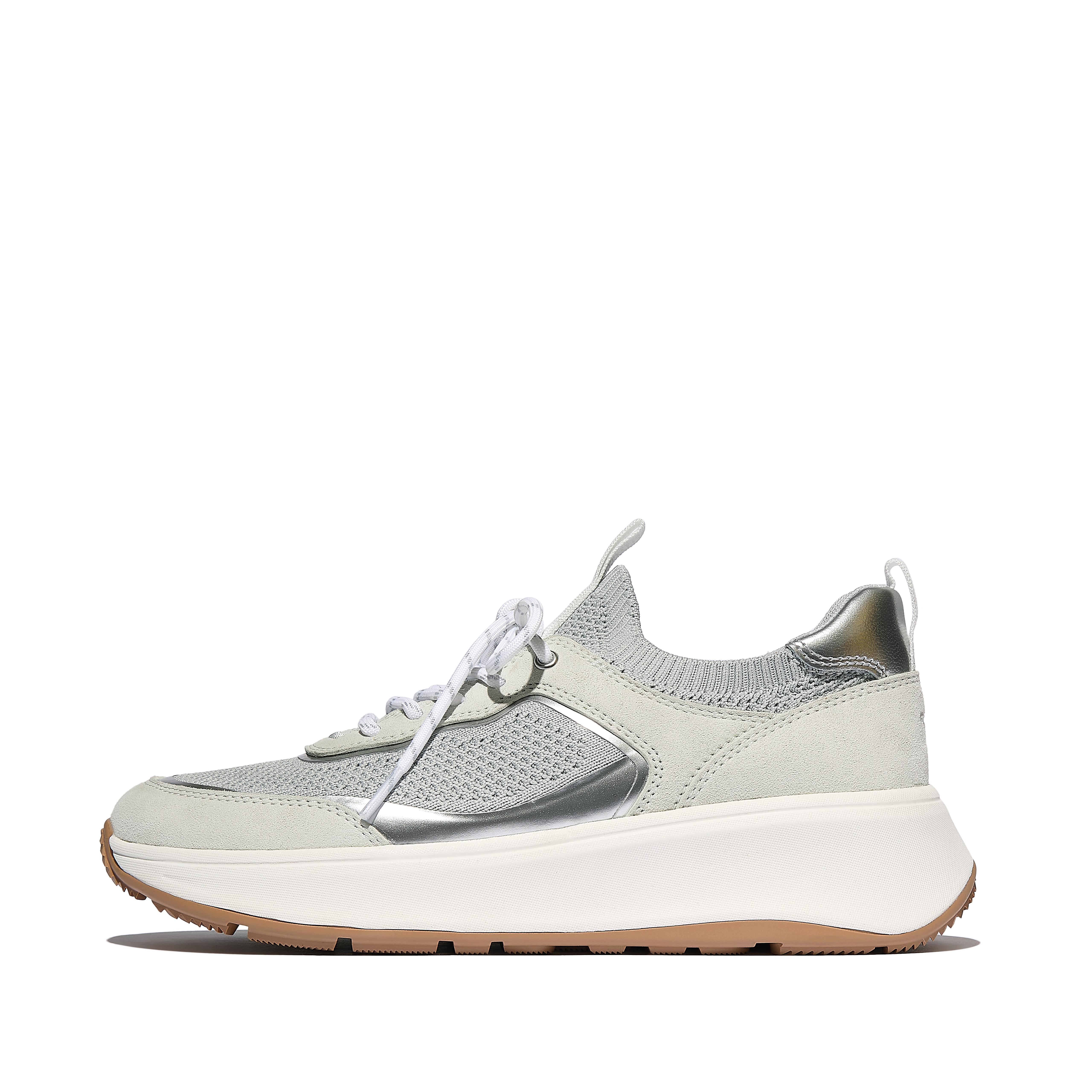 FitFlop F-MODE Knit/Suede Flatform Pull-On Sneakers - White/Grey