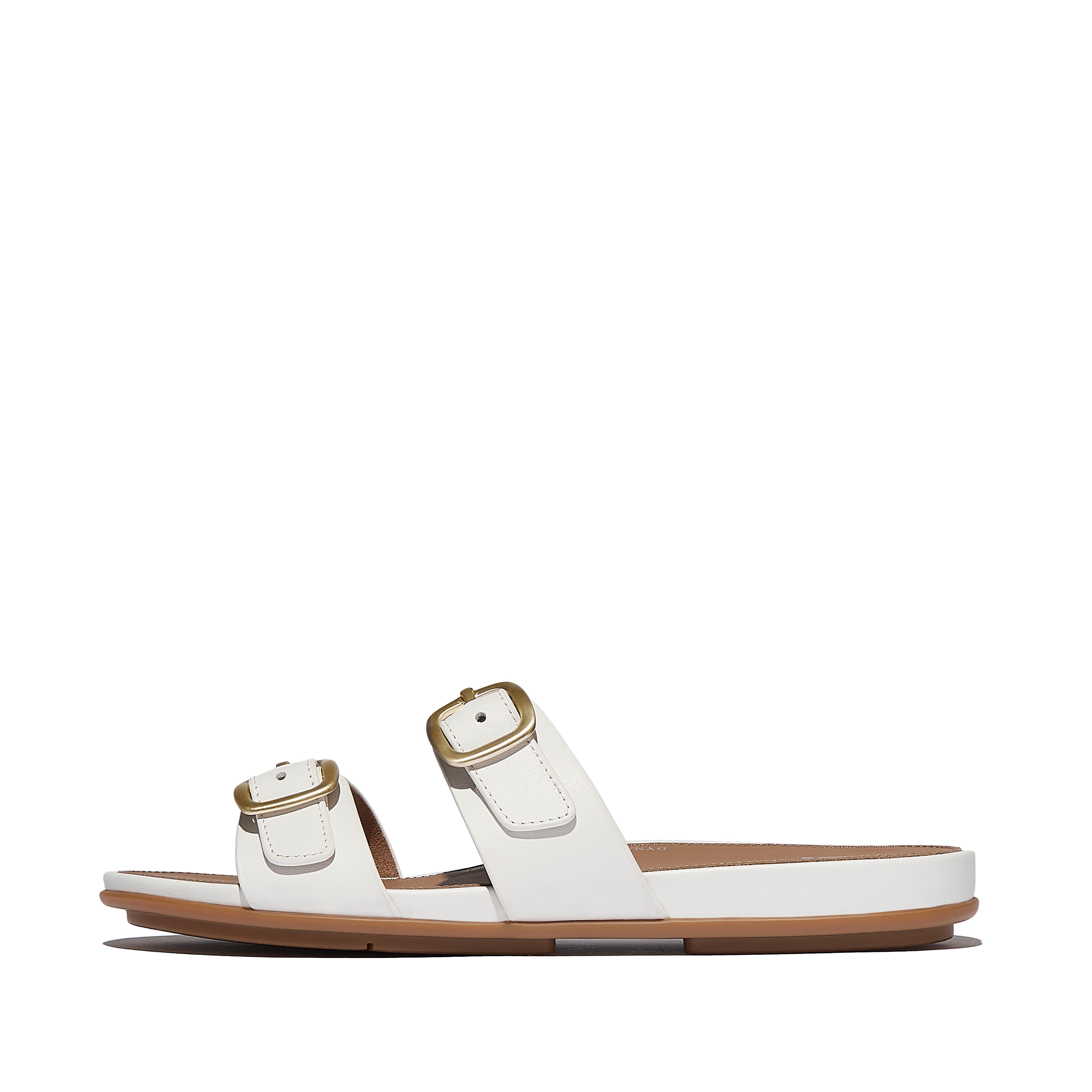 FitFlop GRACIE Matt-Buckle Two-Bar Leather Slides - Urban White