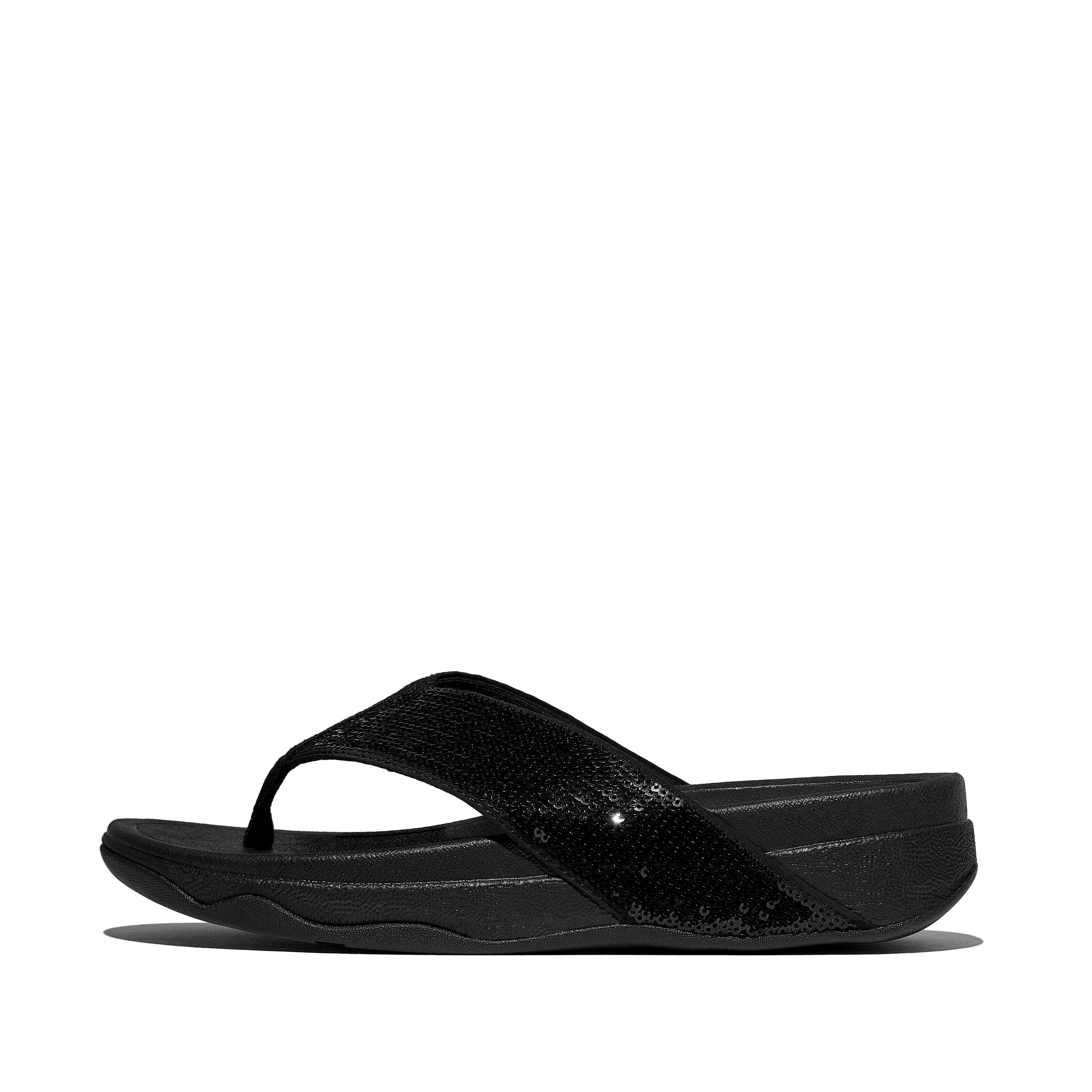 FitFlop SURFA Sequin Toe-Post Sandals - All Black