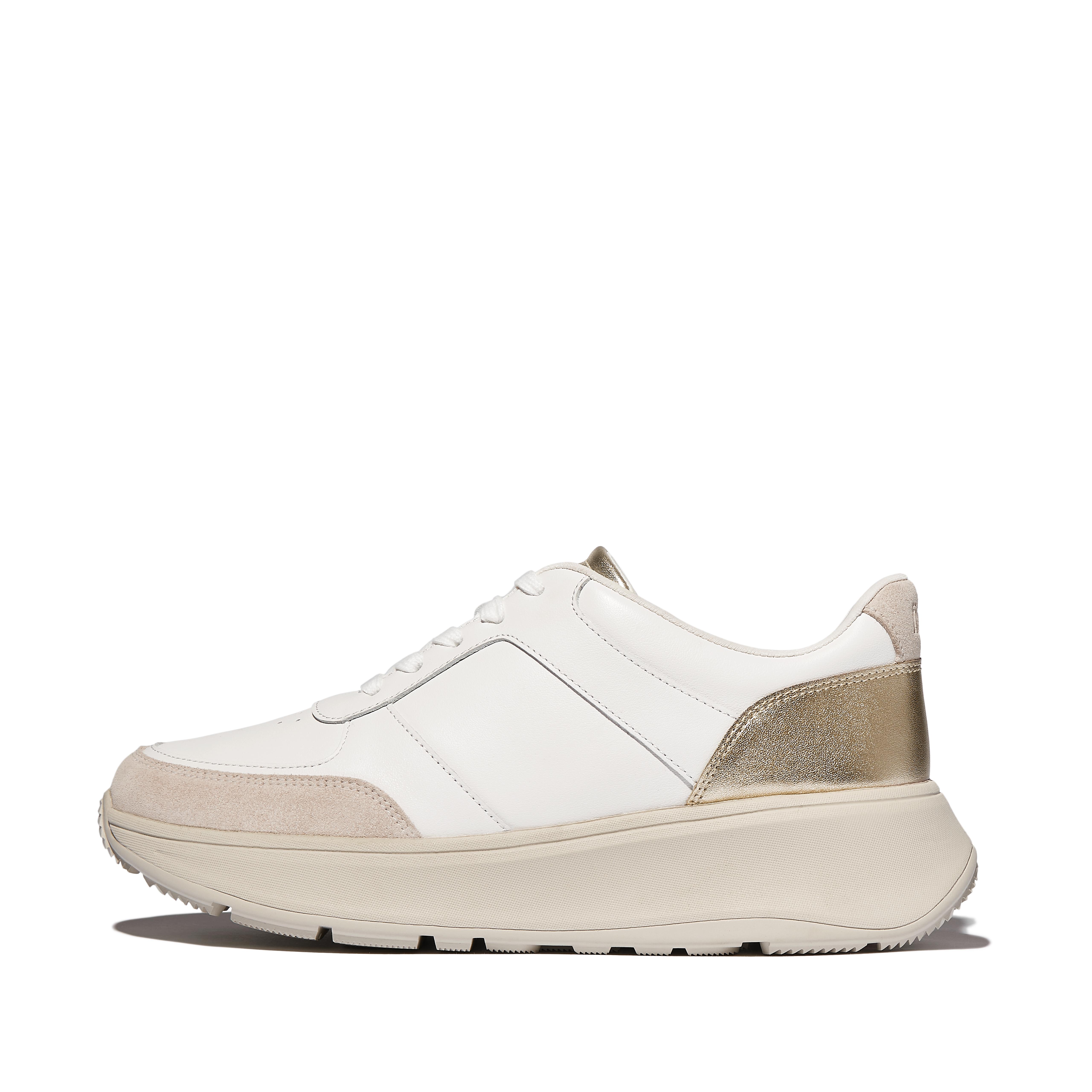 FitFlop F-MODE Leather/Suede/Metallic Flatform Sneakers - White/Platino