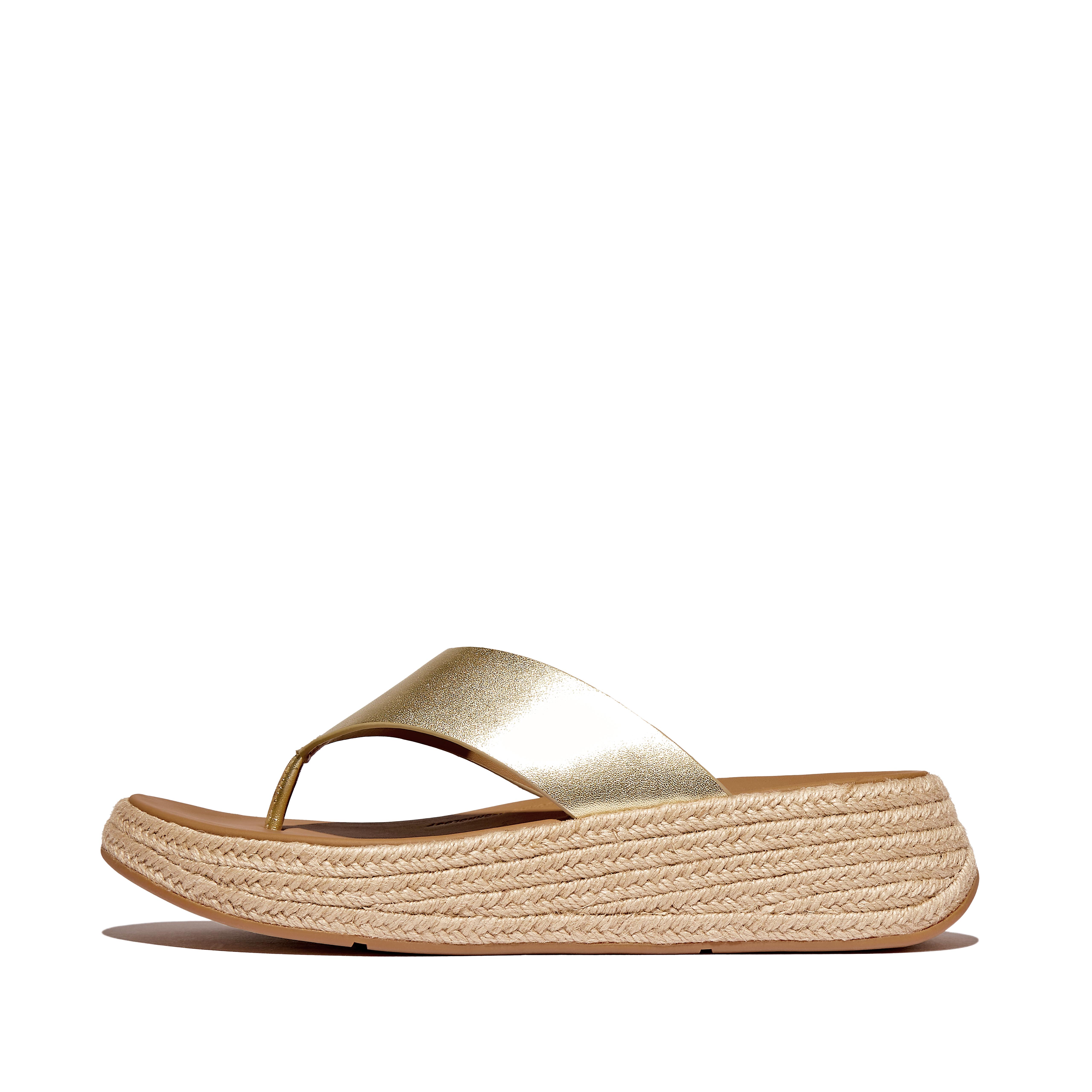 FitFlop F-MODE Espadrille Metallic-Leather Flatform Toe-Post Sandals - Platino