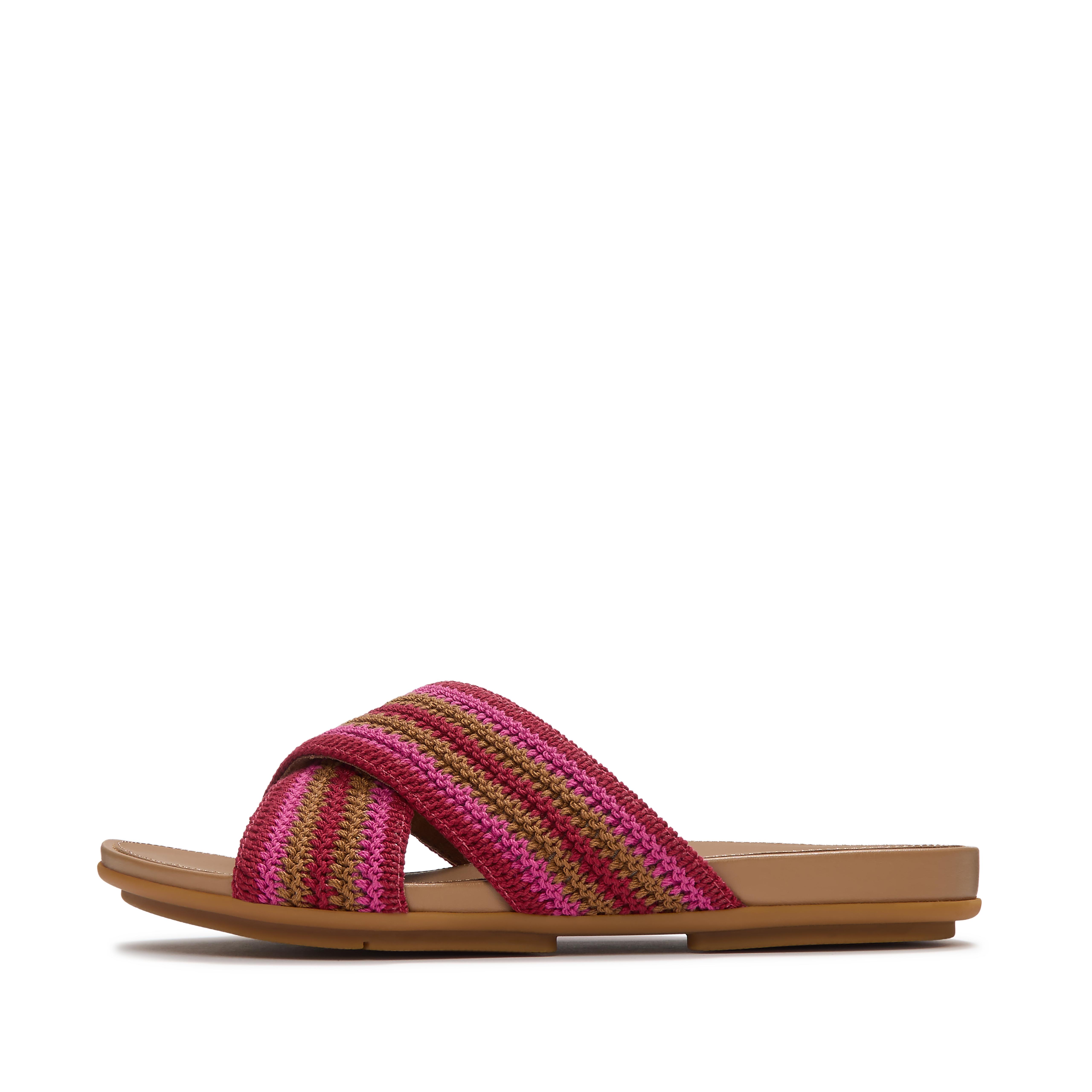 FitFlop GRACIE Stripe-Webbing Cross Slides - Fuchsia Rose