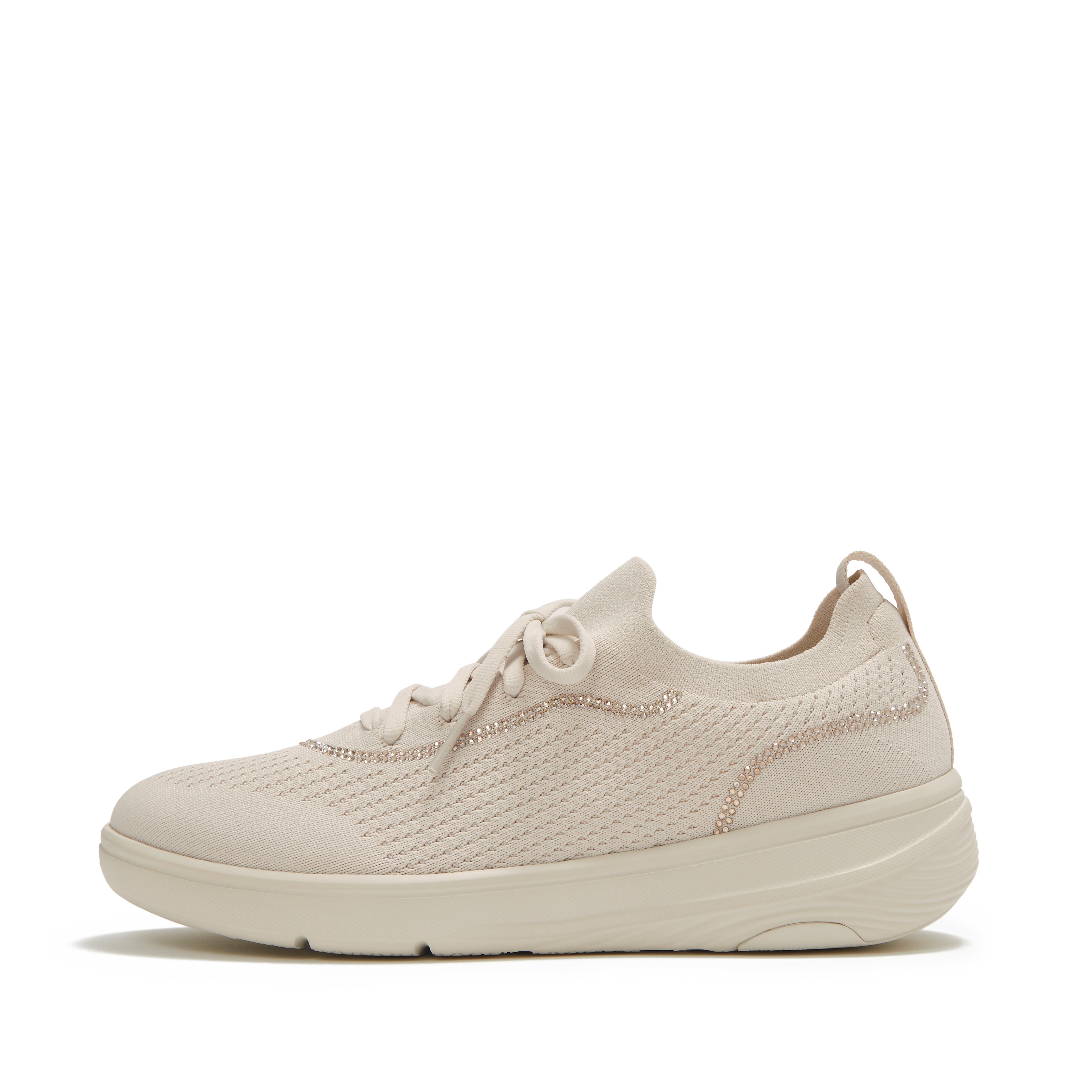 FitFlop SUPER-Q Crystal-Trim Knit Slip-On Laced Sneakers - Paris Beige