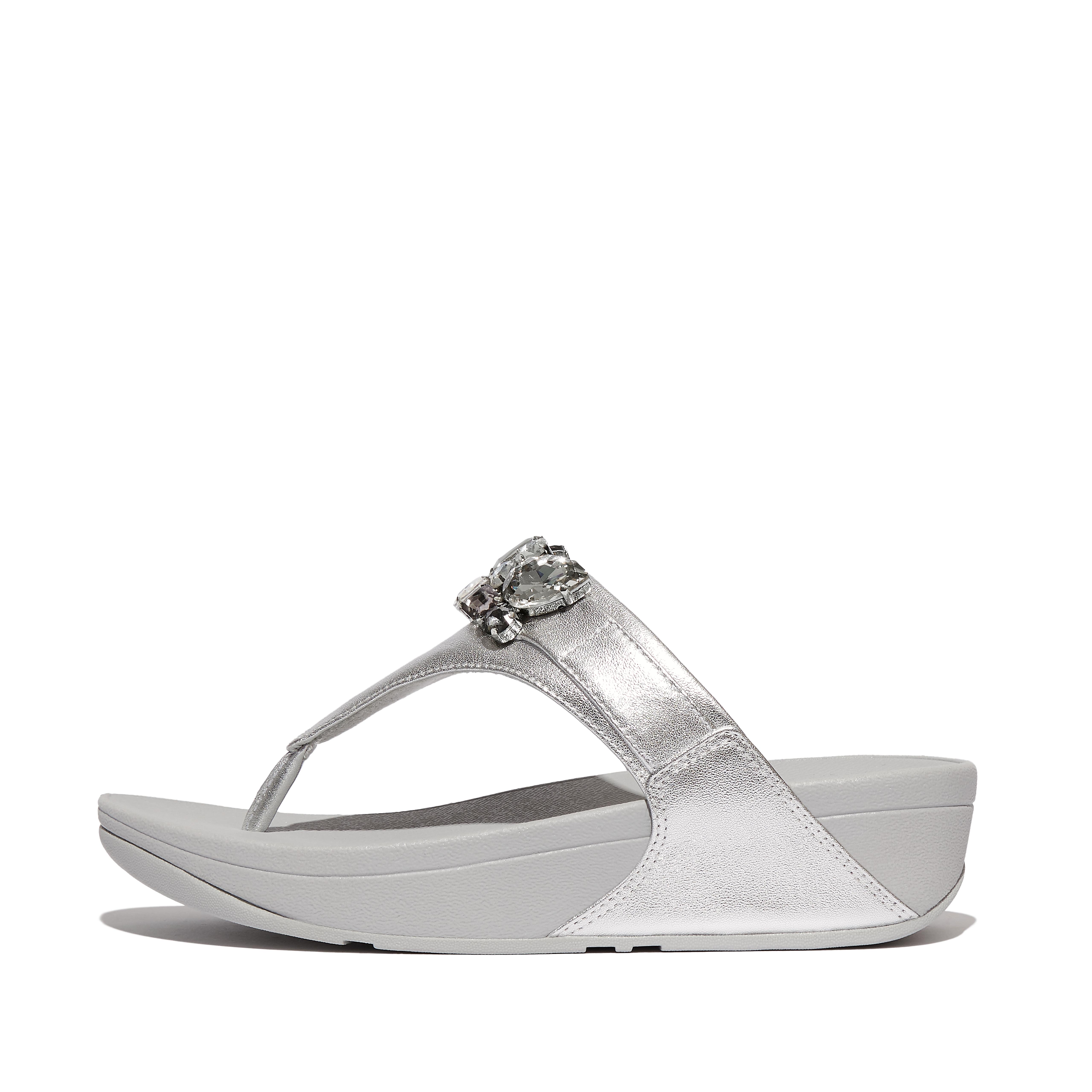 FitFlop LULU Jewel-Deluxe Metallic-Leather Toe-Post Sandals - Silver