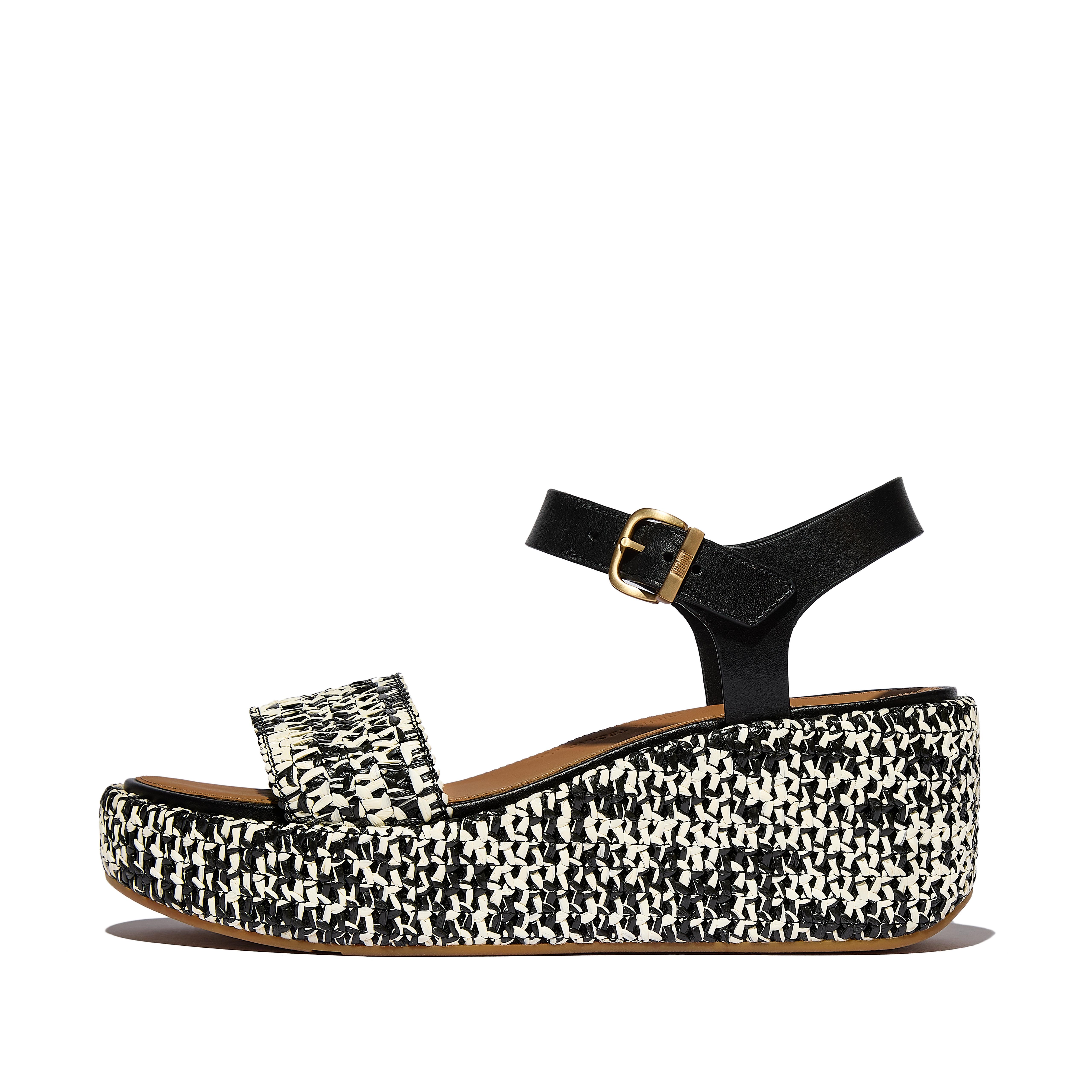 FitFlop PLATFFORMS Two-Tone Woven Wedge Ankle-Strap Sandals - Black White