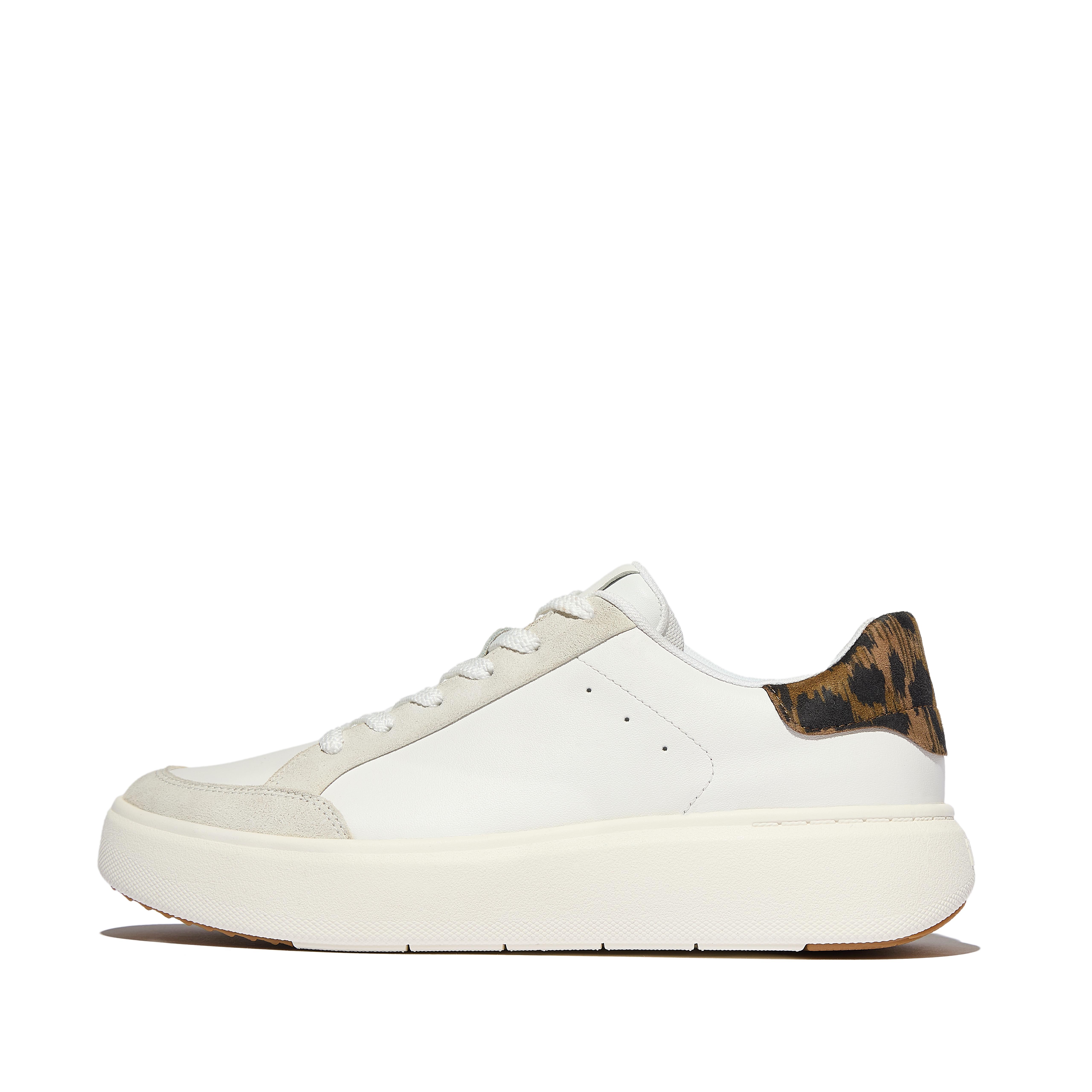 FitFlop RTG Leopard-Backtab Leather/Suede Sneakers - White/Leopard