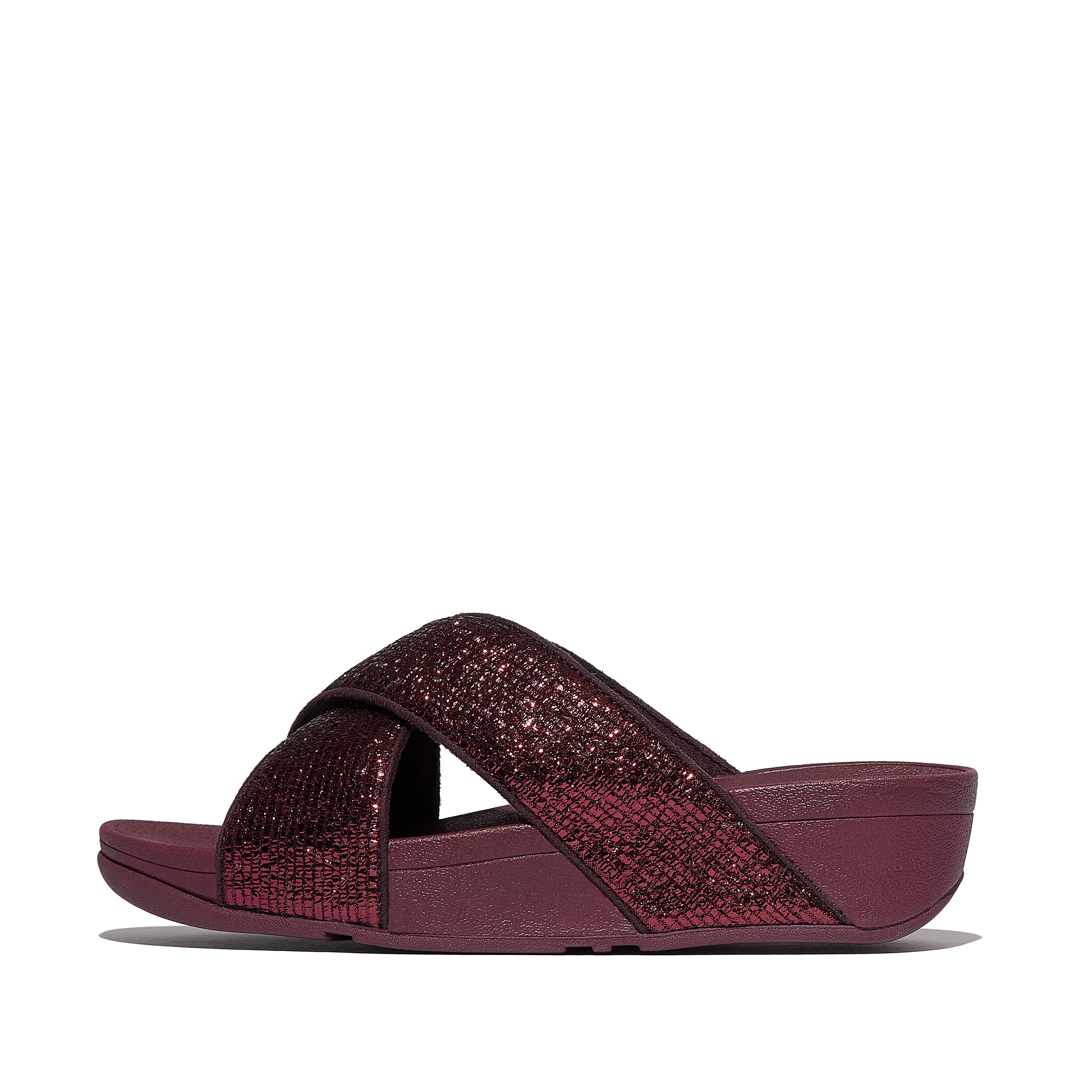 FitFlop LULU Crinkled-Shimmer Cross Slides - Plummy