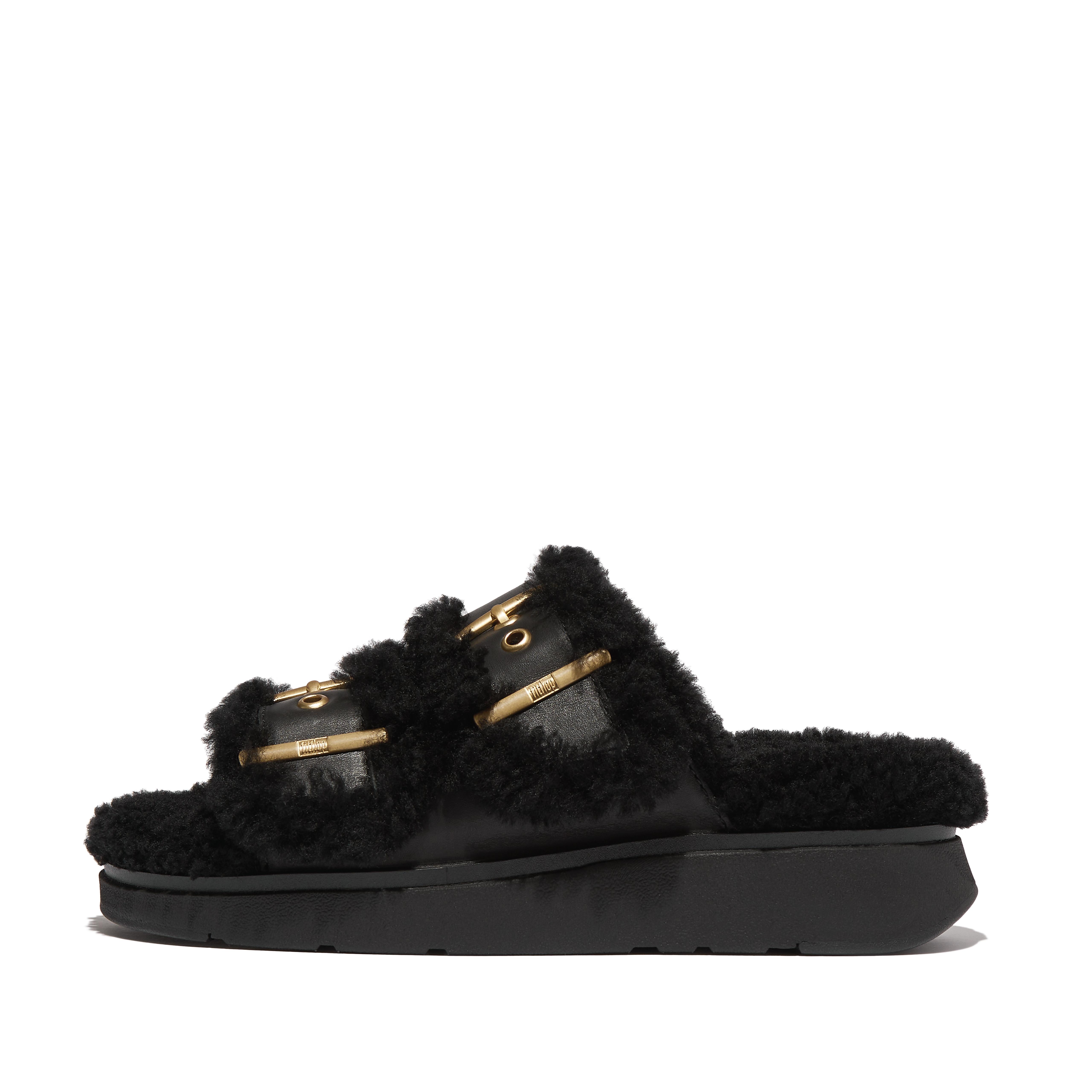 FitFlop GEN-FF Shearling Two-Bar Slides - Black