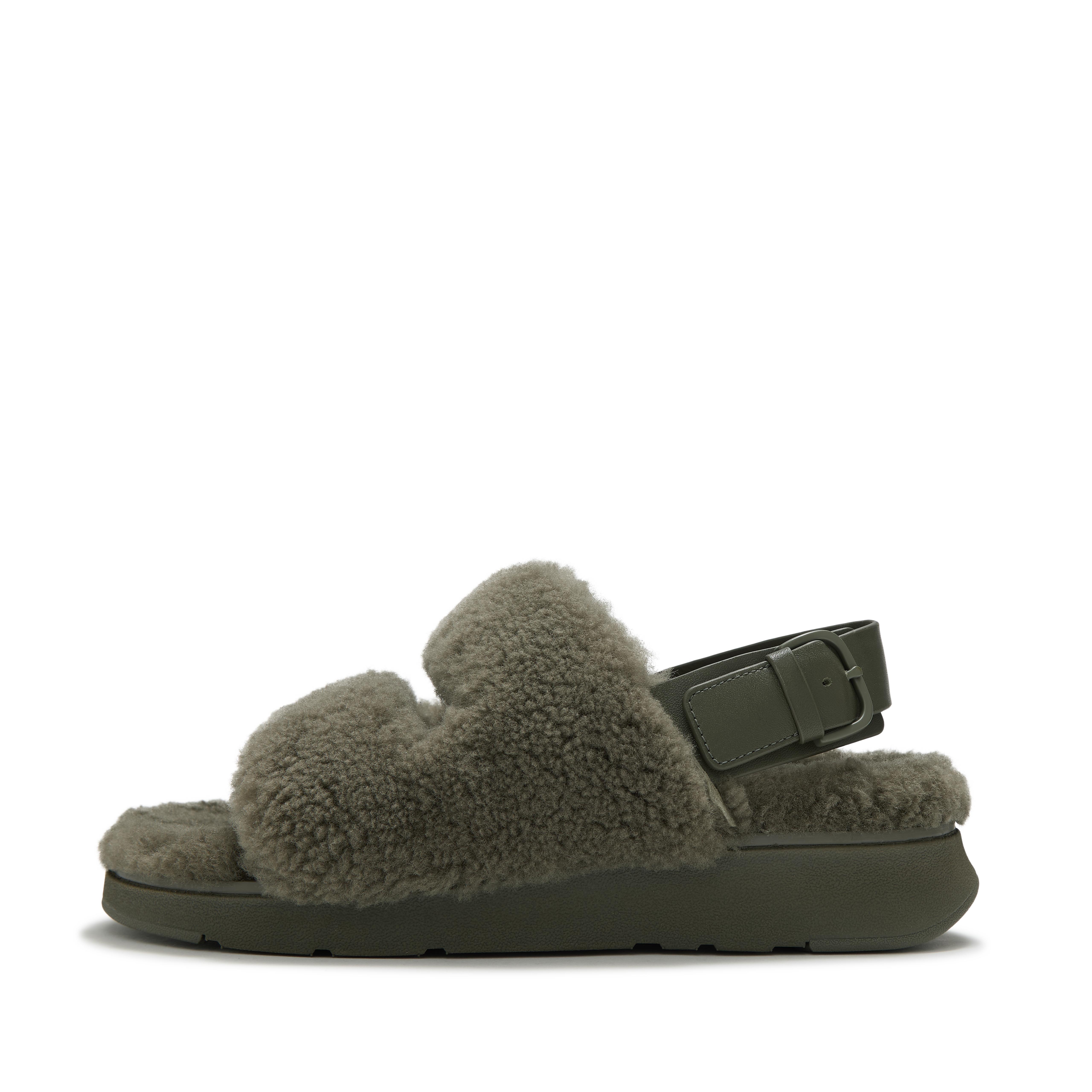 FitFlop GEN-FF Shearling Two-Bar Sandals - Deep Olive