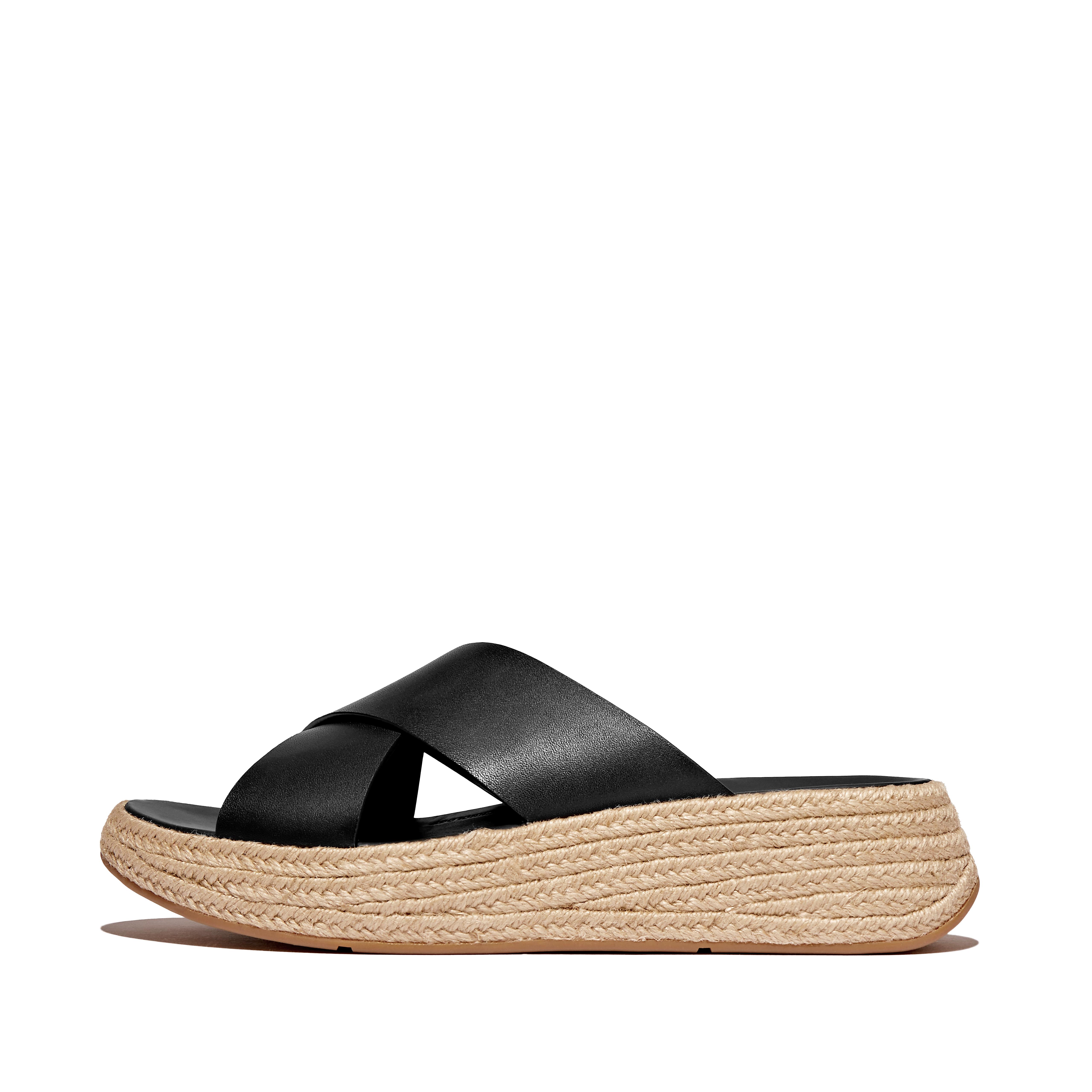 FitFlop F-MODE Espadrille Leather Flatform Cross Slides - Black
