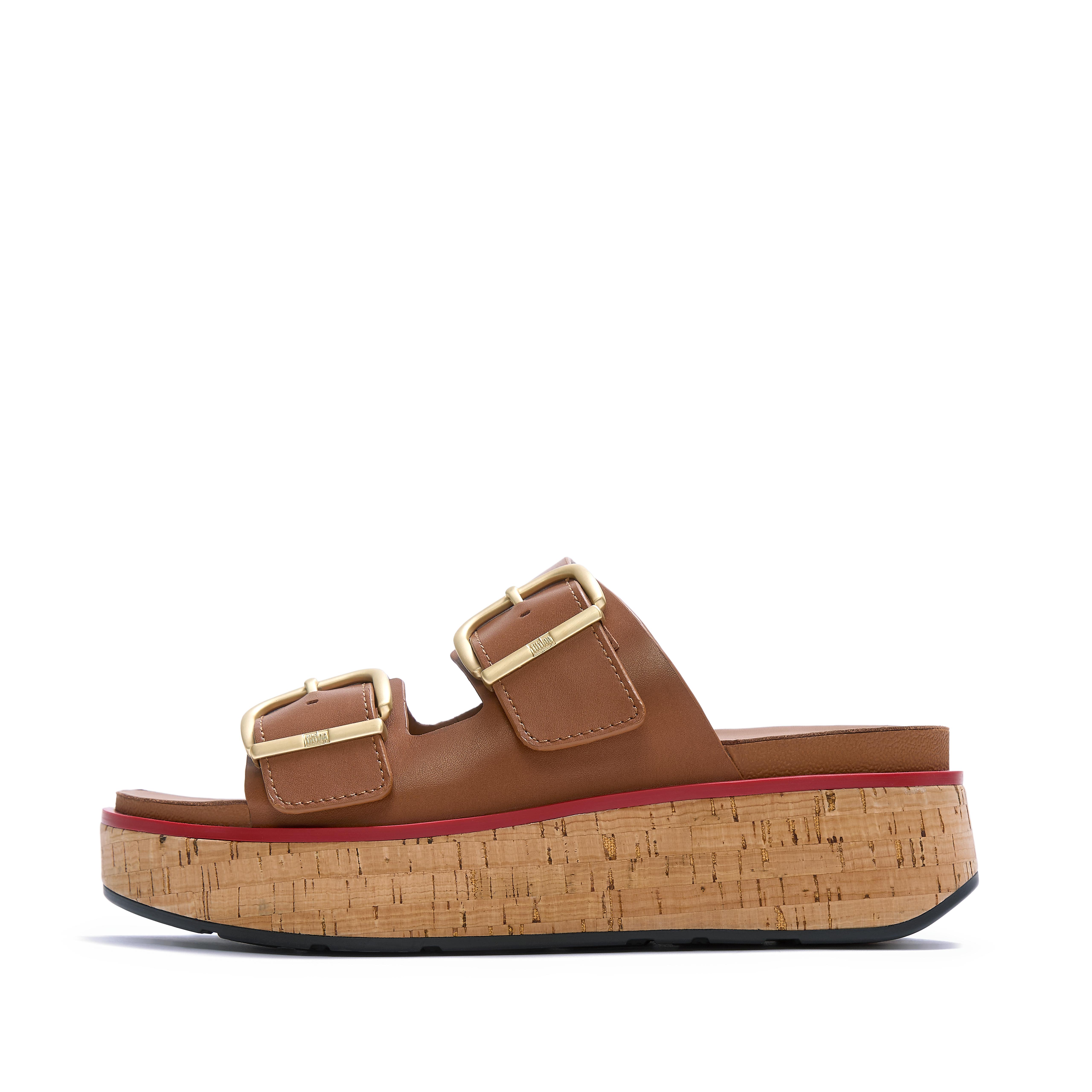 FitFlop GEN-FF Max Buckle Leather/Cork Two-Bar Slides - Deep tan