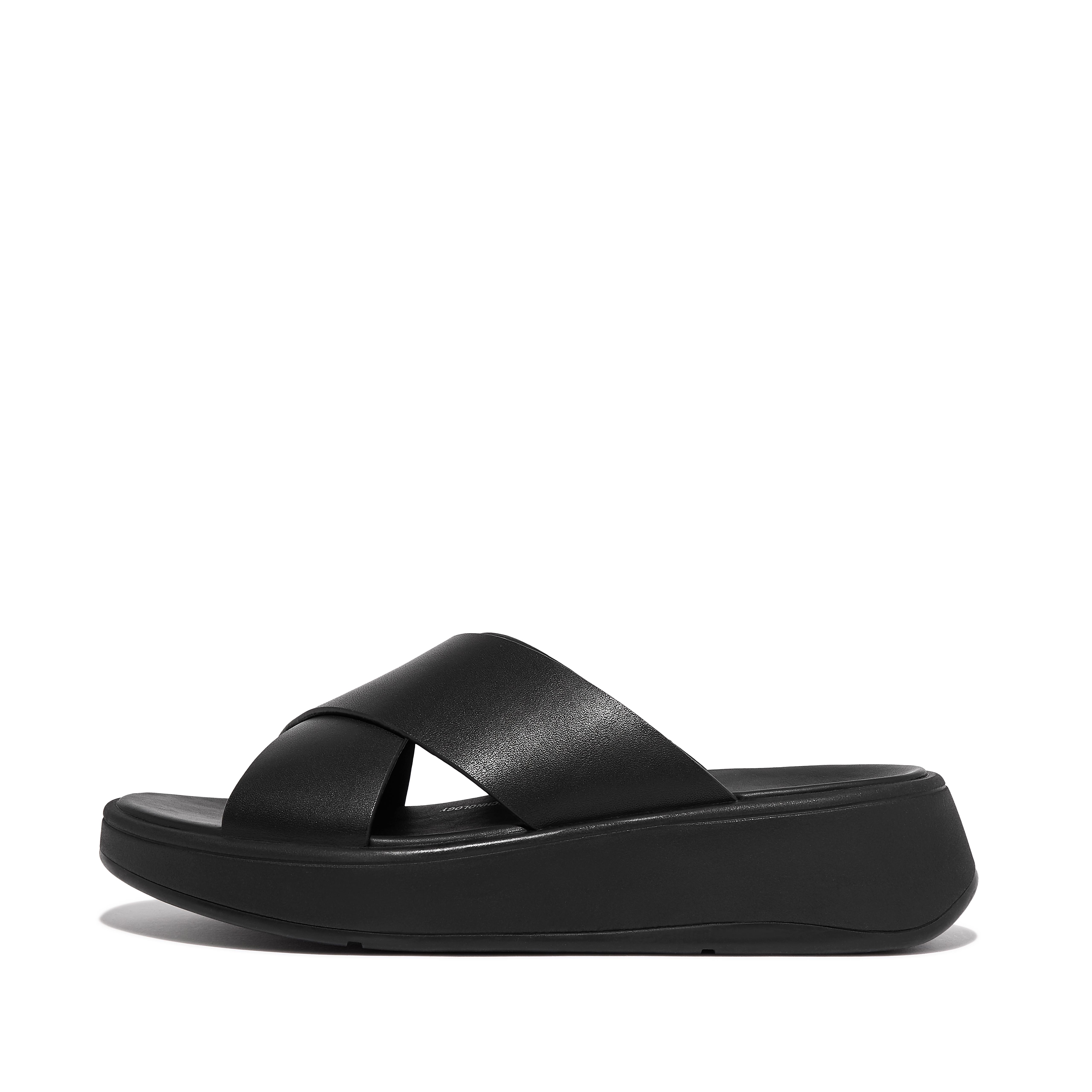 FitFlop F-MODE Leather Flatform Cross Slides - All Black